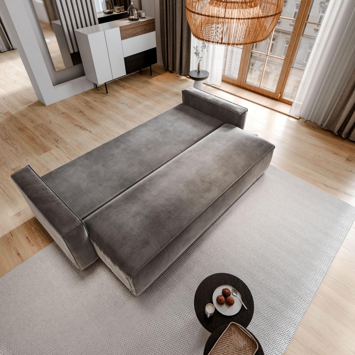 BETTSOFA ALATRI Hellgrau Velours-Stoff mit Schlaffunktion - Hellgrau, Textil (230/85/87cm) - MASSENO