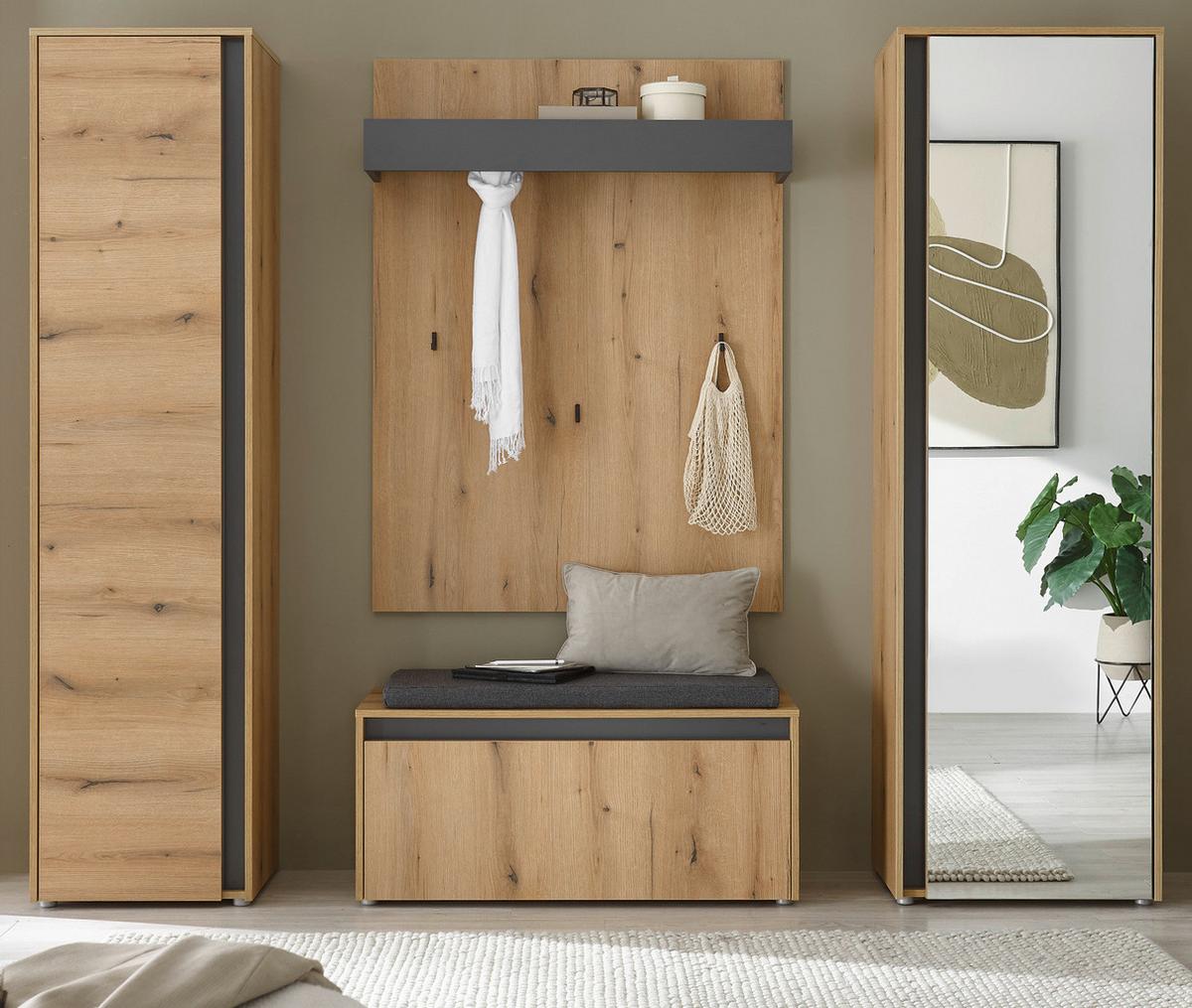 GARDEROBE-SET 5-teilig Evoke Eiche und Grau 230 cm, Flurgarderobe Komplett-Set inkl. Sitzkissen - Eichefarben/Schwarz, Glas/Holzwerkstoff (230/200/200cm) - Furn.Design