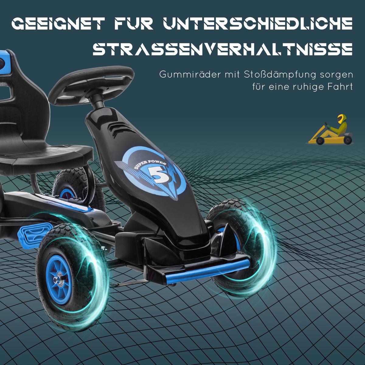 GOKART, Kinderfahrzeug mit verstellbarem Schalensitz, Tretauto, Grün+Schwarz - Blau, Metall (121/58/61cm) - HOMCOM