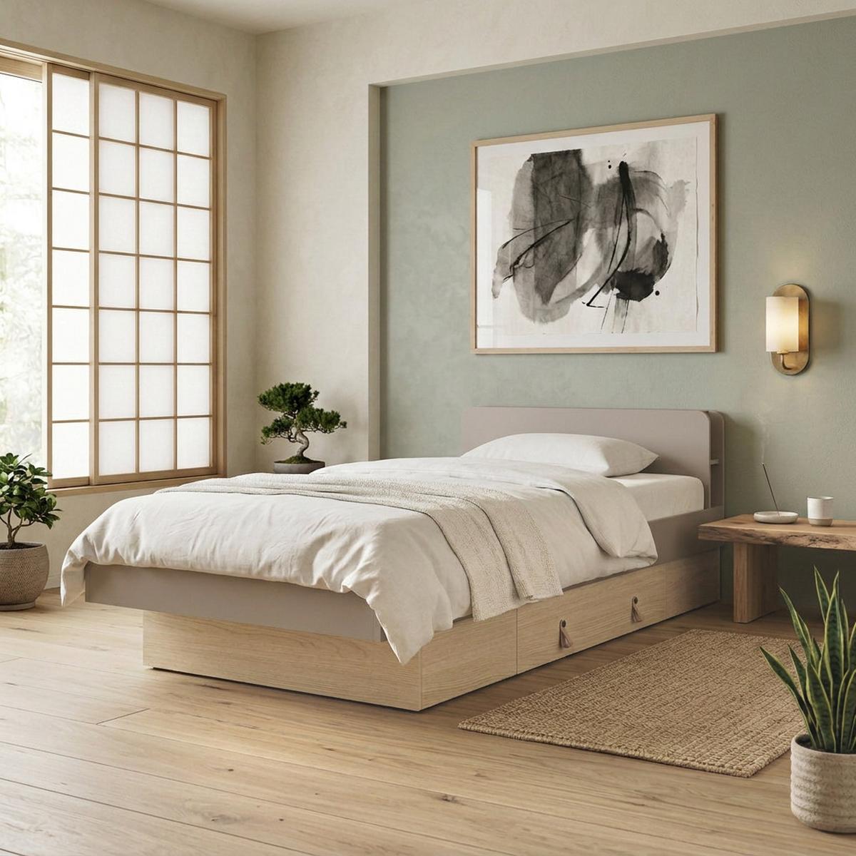BETT Sorella 90x200 cm mit Lattenrost und Bettkasten-Schublade, mit Matratze 26 cm, Porcini + Eiche Mavelie - Eichefarben/Cappuccino, Leder/Holzwerkstoff (90/200cm) - Beautysofa