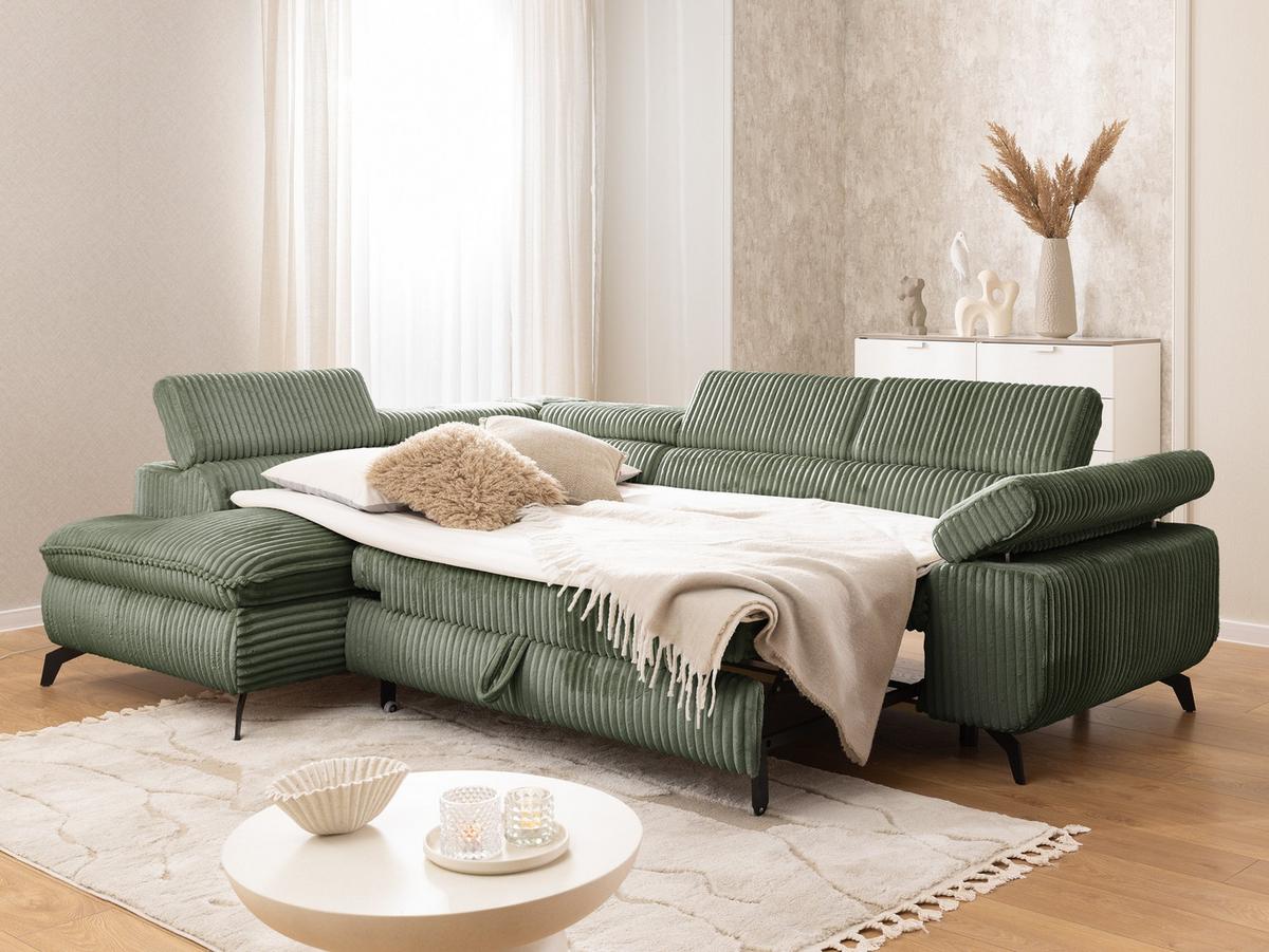 ECKSOFA mit Schlaffunktion und Bettkasten Bonnie aus Olive Cord-Stoff mit verstellbaren Kopfstützen und Armlehne - Ottomane links - Schwarz/Hellgrün, Holz/Textil (275/210cm) - S-Style Möbel