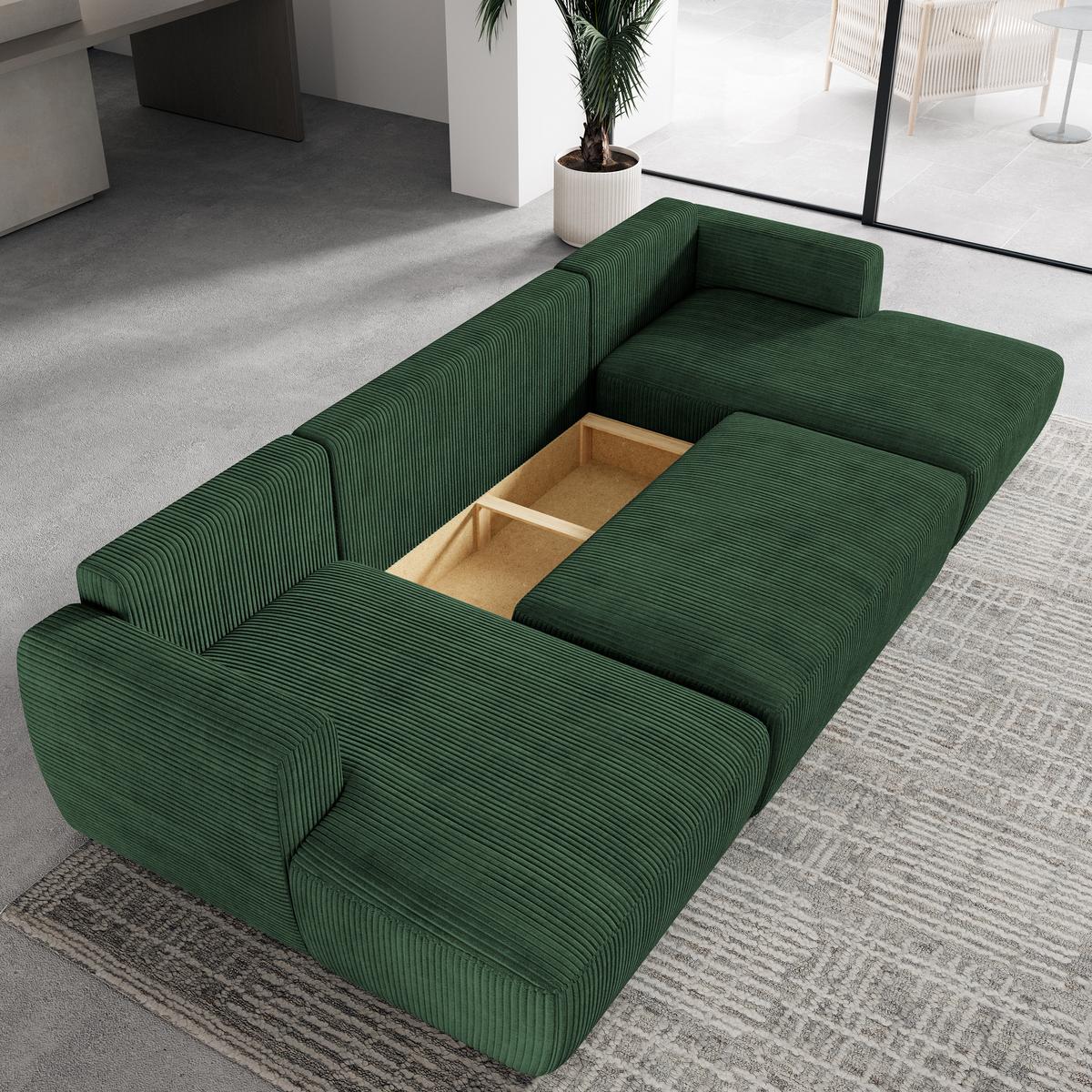 WOHNLANDSCHAFT SENTUM P Grün Kordstoff mit Schlaffunktion - Schwarz/Grün, Holz/Kunststoff (330/90/148cm) - MASSENO