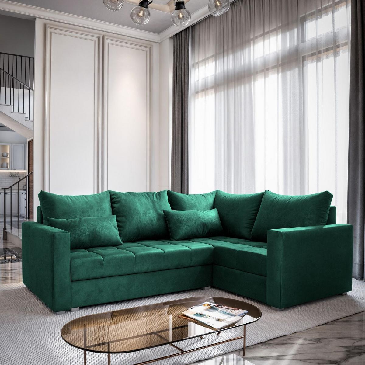 ECKSOFA LIRENO R-S Grün Plüsch-Stoff mit Schlaffunktion - Grau/Grün, Holz/Kunststoff (220/153cm) - MASSENO