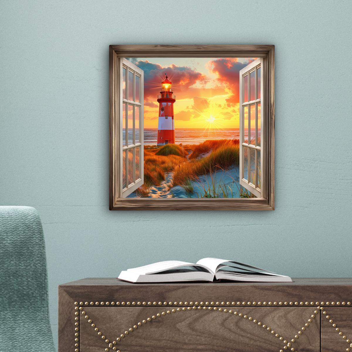 LEINWANDBILD Aussicht - Fenster - Leuchtturm - Sonnenuntergang - Strand Deko Wohnzimmer 20x20 cm - Dunkelorange, Textil (20/20cm) - MuchoWow