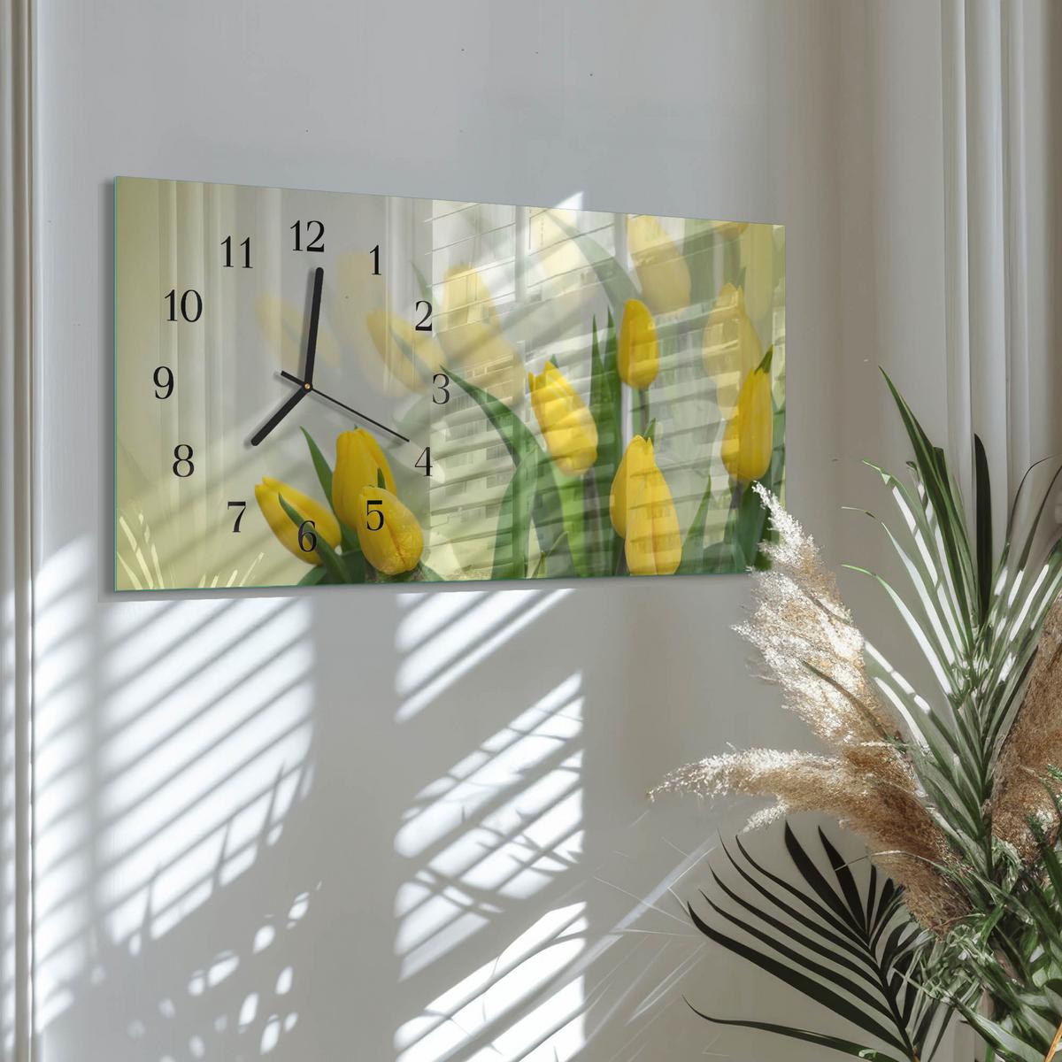 WANDUHR aus Glas 60x30 cm - Tulpen - Gelb, Glas (60/30/0.4cm) - TULUP