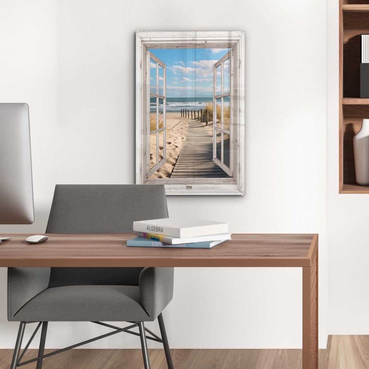 ACRYLGLASBILD Fenster - Meer - Küste - Natur - Ausblick - Strand - Wattenmeer Wanddeko Wohnzimmer 40x60 cm - Beige, Glas (40/60cm) - MuchoWow
