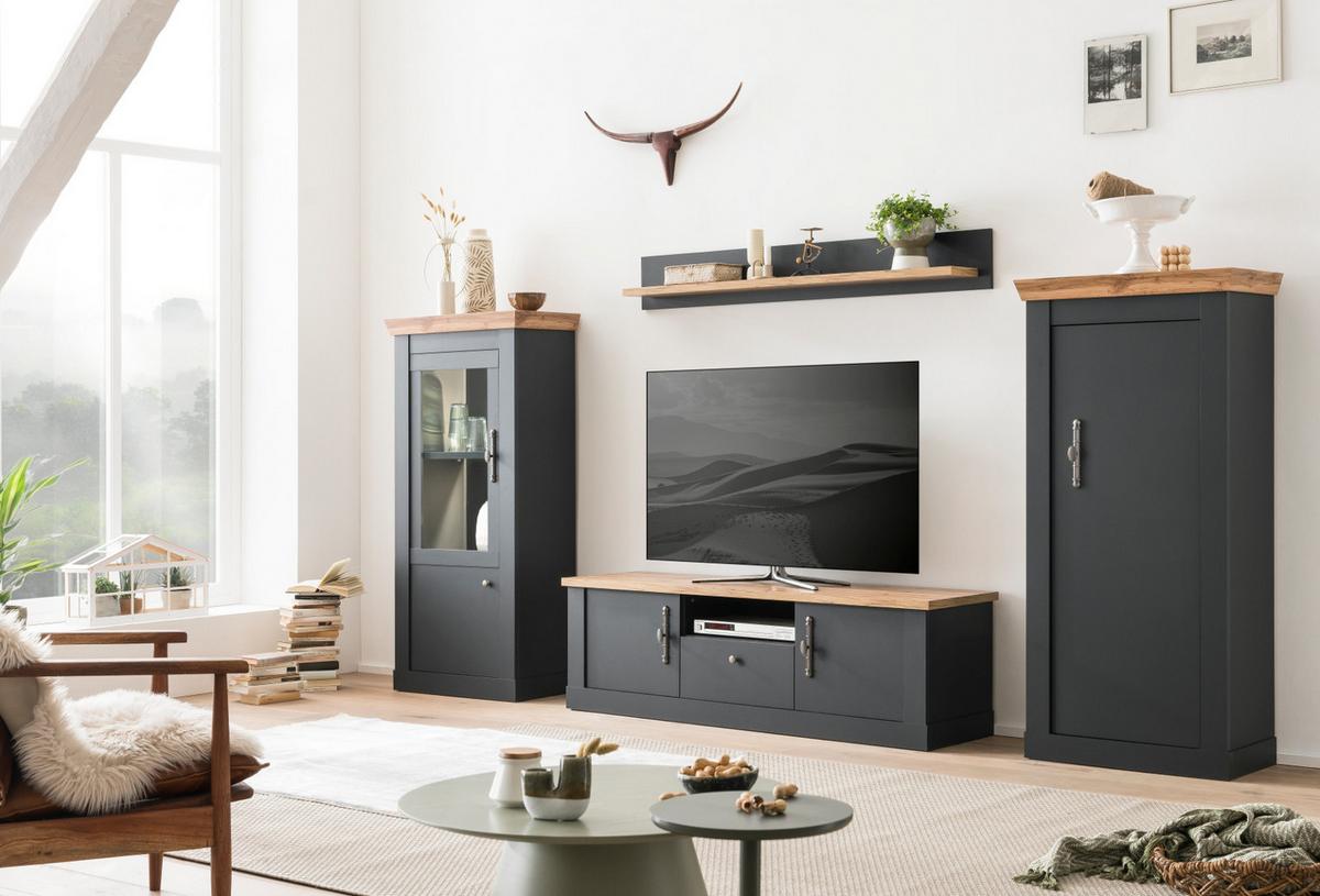 WOHNWAND 4-teilig grau, Eiche Wotan, Landhaus 322 x 170 cm, Wohnkombination mit Soft-Close - Silberfarben/Eiche Wotan, Glas/Holzwerkstoff (322/170/45cm) - Furn.Design