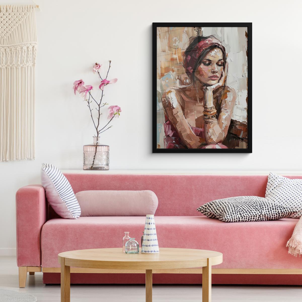 POSTER MIT RAHMEN Frau - Lackierung - Porträt - Modern Posterleiste 60x80 cm - Altrosa, Papier (60/80cm) - MuchoWow