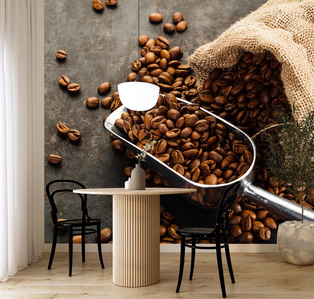 FOTOTAPETE für Küche Beutel mit Kaffeebohnen auf Beton 400x280 - Beige/Schwarz, Papier (400/280cm) - Muralo