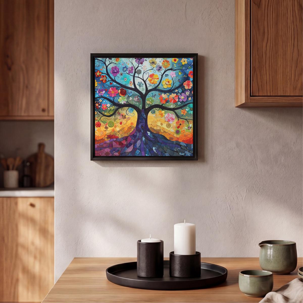LEINWAND Bilder mit Rahmen - Kunst - Baum des Lebens - Blumen - Hippie - 20x20 - Dunkelblau, Textil (20/20cm) - MuchoWow