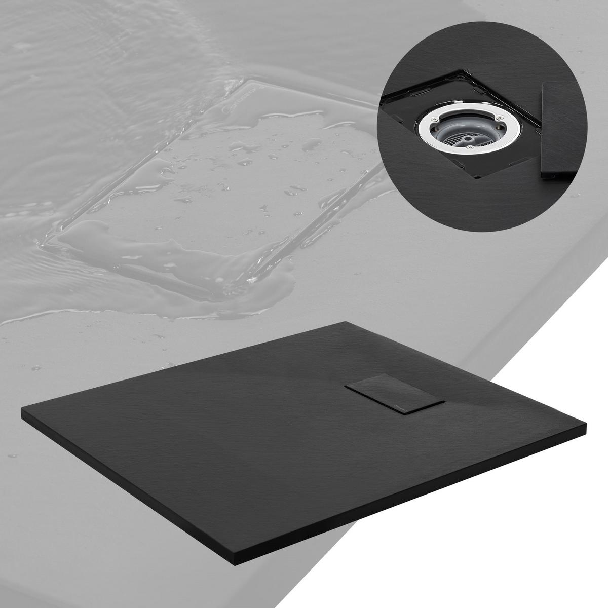 DUSCHWANNE 90x80 cm Schwarz mit Ablaufgarnitur aus SMC - Schwarz, Kunststoff (80/3/90cm) - LuxeBath