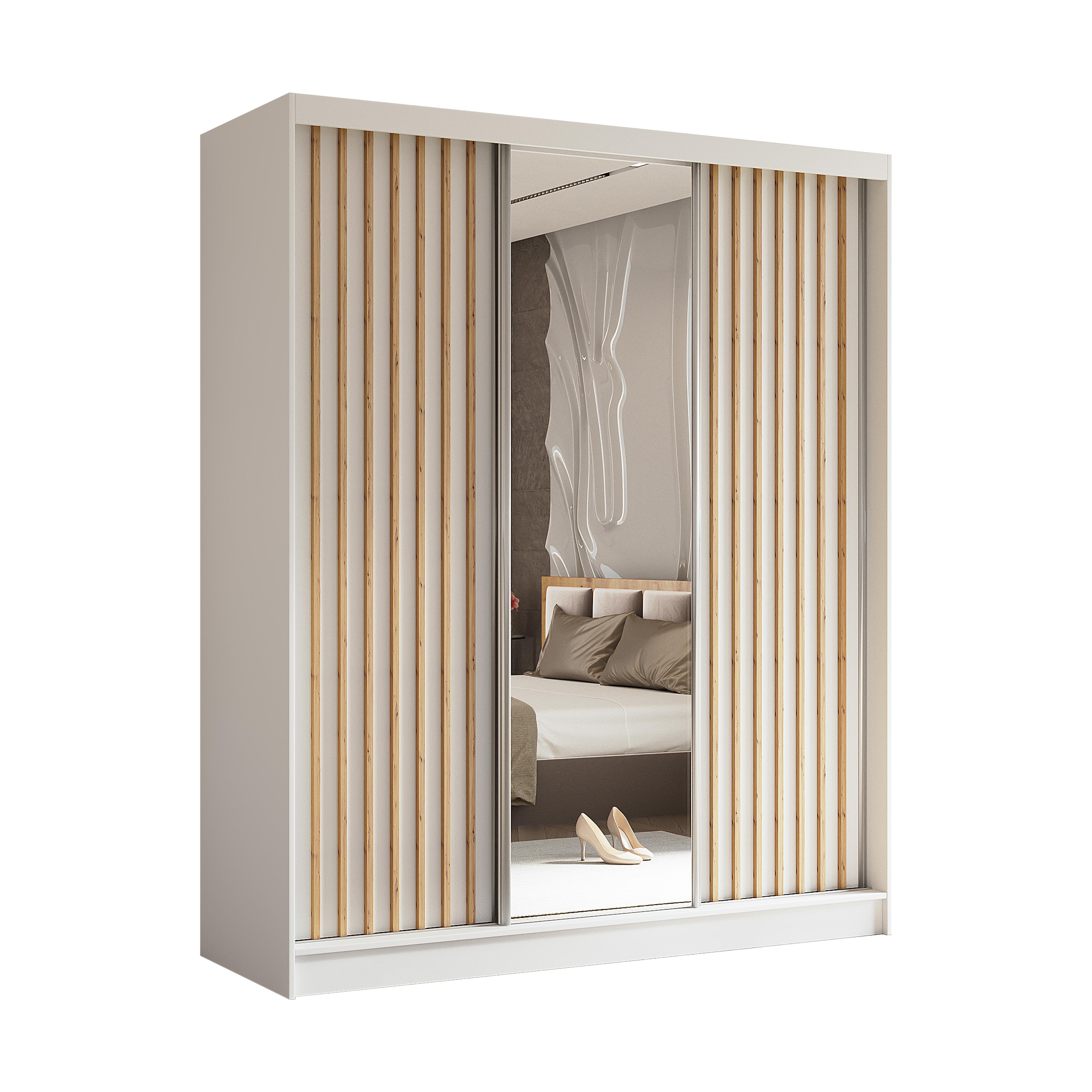 SCHWEBETÜRENSCHRANK Cabinio Weiß Eiche Artisan 180/216/61 cm – mit Spiegel und Lamellen - Walnussfarben/Weiß, Holzwerkstoff/Kunststoff (180/216/61cm) - AX Living