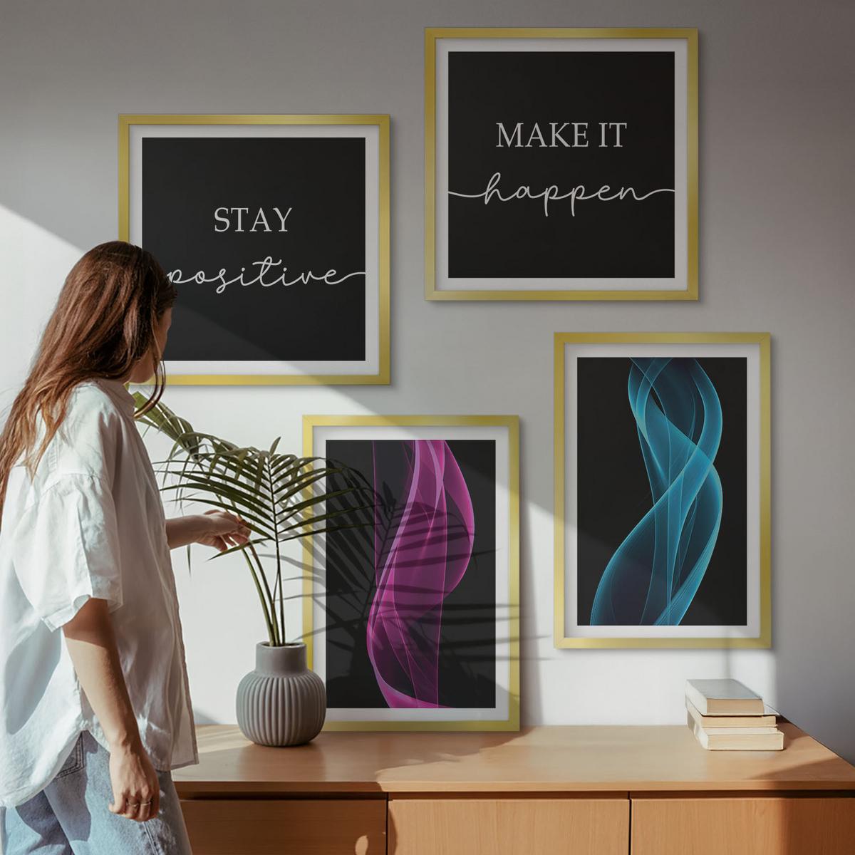 BILDER SET 4er Set - 50x50 cm & 40x60 cm Goldrahmen - Neonlinienwellen im Hintergrund - Goldfarben, Kunststoff (50/50cm) - TULUP