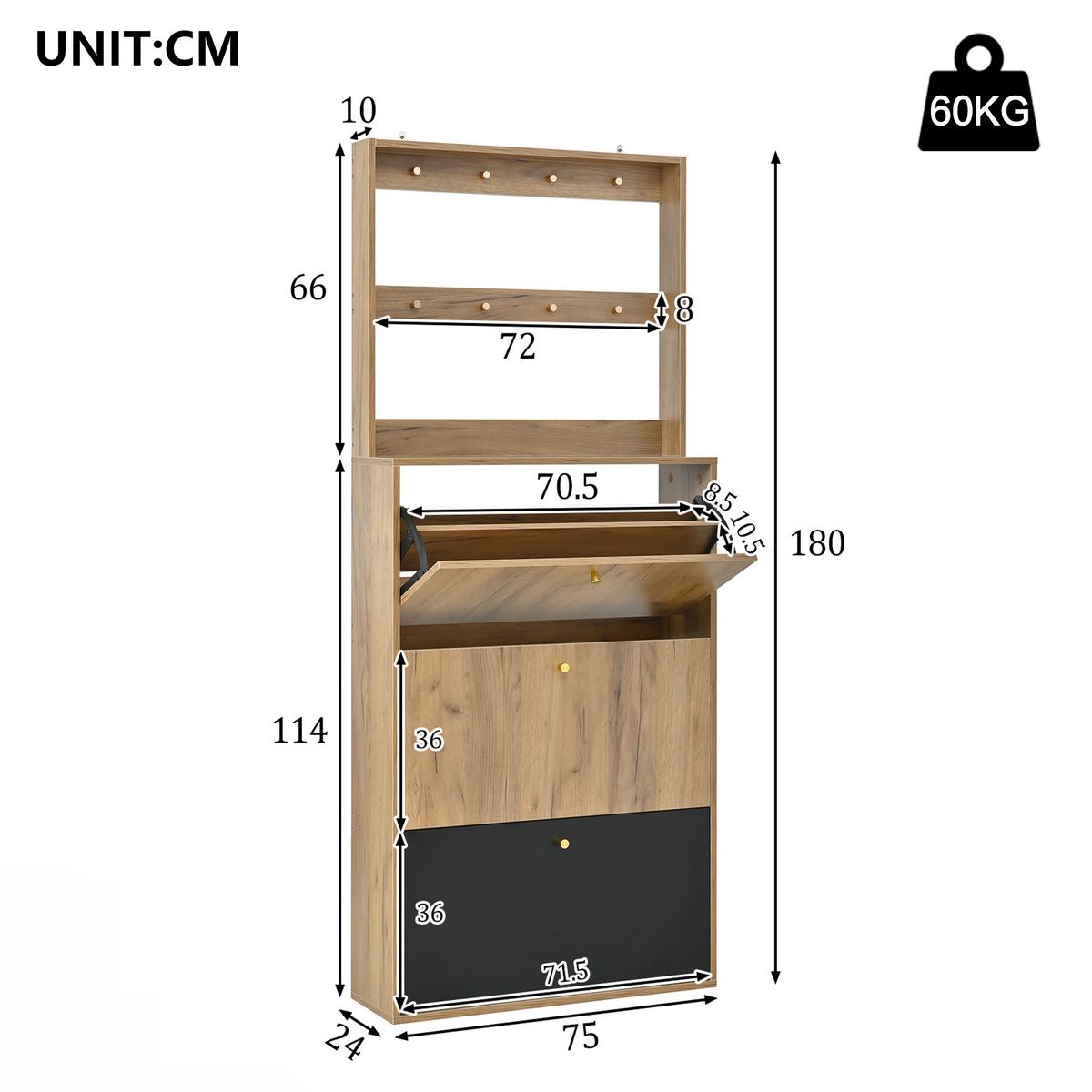 SCHUHSCHRANK mit schuhschrank, 3 klappfächer und garderobenhaken - Naturfarben, Holzwerkstoff (75/180/24cm) - Urban Meuble