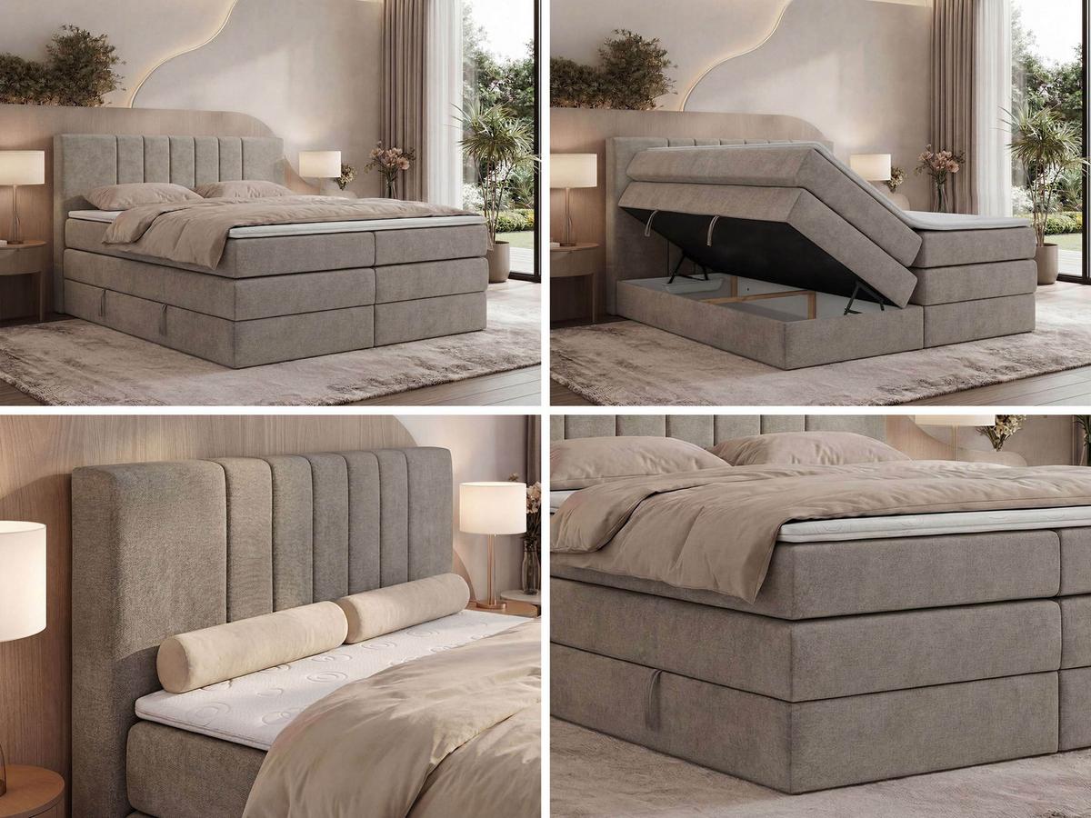 BOXSPRINGBETT INERO KING 140/200 - Greige Stukture - Topper Visco - H3 - Greige/Schwarz, Kunststoff/Textil (140/200cm) - MKS