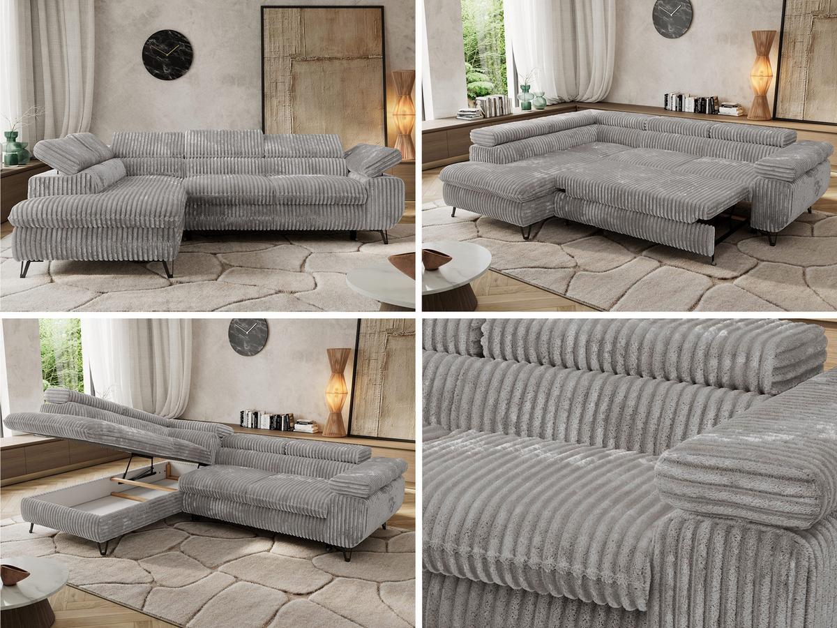 ECKSOFA PABLO L Hellgrau Cord - Links Seite - Hellgrau/Schwarz, Textil/Metall (208/273cm) - MKS