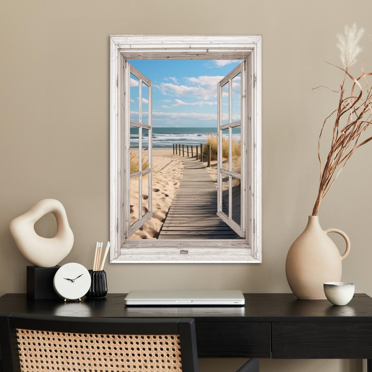 POSTER Fenster - Meer - Küste - Natur - Ausblick - Strand - Wattenmeer Wanddeko 40x60 cm - Beige, Papier (40/60/0.1cm) - MuchoWow