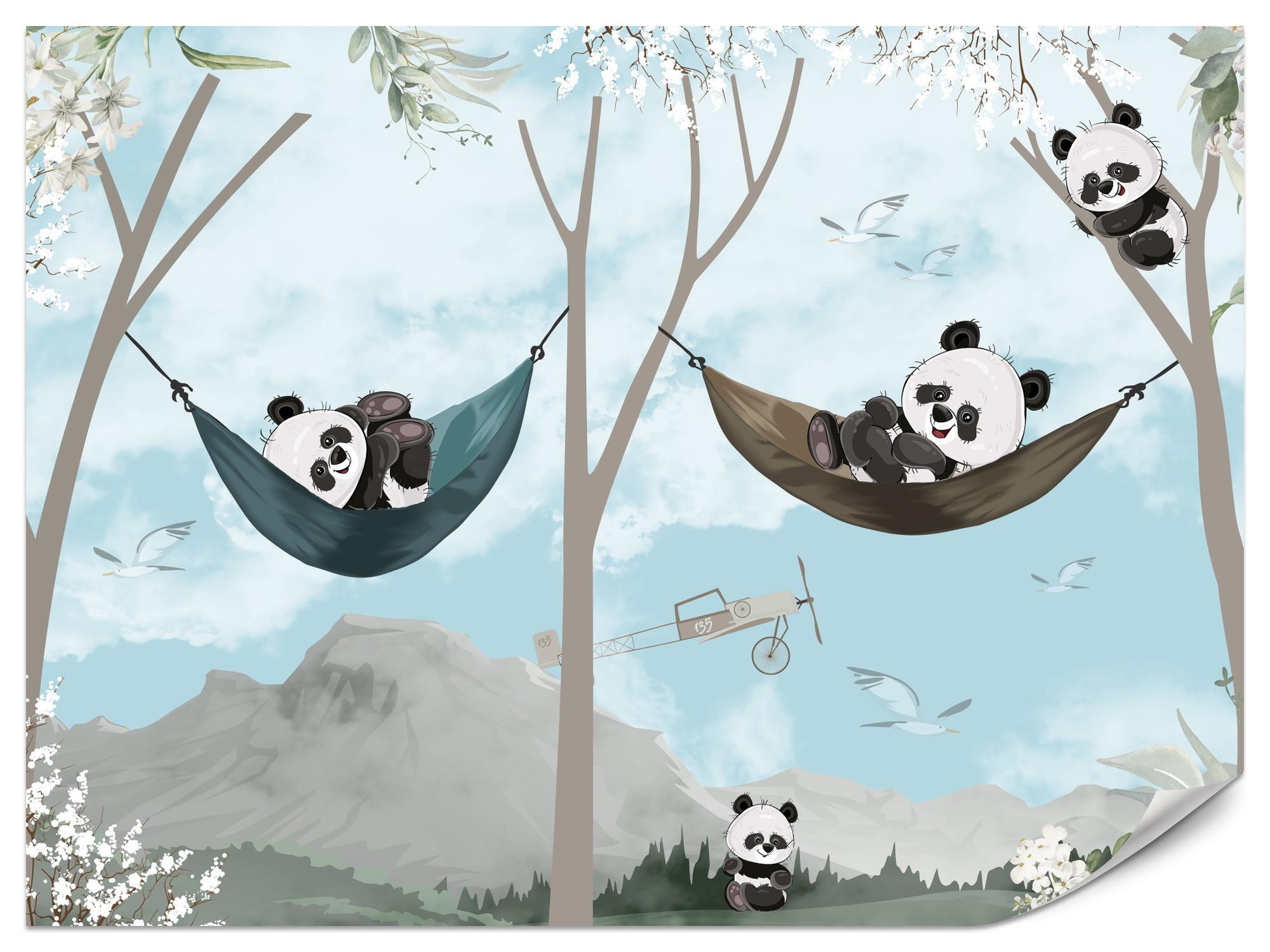 FOTOTAPETE für Kinderzimmer Pandas in Hängematten Märchenwald Blumen Berge 200x140 - Schwarz/Weiß, Papier (200/140cm) - Muralo