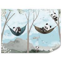 FOTOTAPETE für Kinderzimmer Pandas in Hängematten Märchenwald Blumen Berge 200x140 - Schwarz/Weiß, Papier (200/140cm) - Muralo