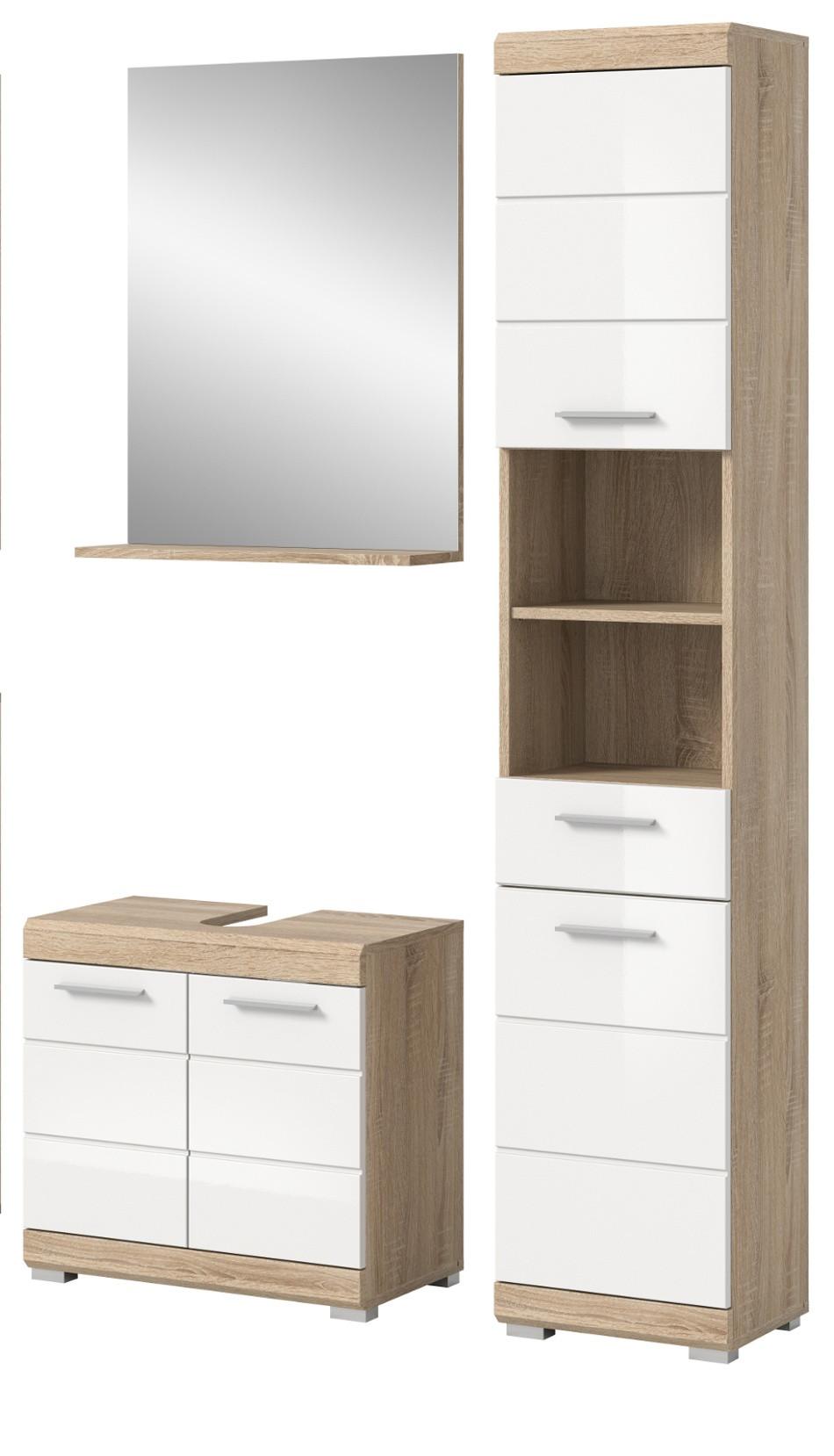 BADMÖBEL-SET weiß Hochglanz, Eiche 3-teilig 112 cm mit viel Stauraum - Weiß Hochglanz/Eichefarben, Holzwerkstoff (112/191/34cm) - Inn.Furn
