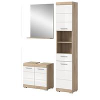 BADMÖBEL-SET weiß Hochglanz, Eiche 3-teilig 112 cm mit viel Stauraum - Weiß Hochglanz/Eichefarben, Holzwerkstoff (112/191/34cm) - Inn.Furn