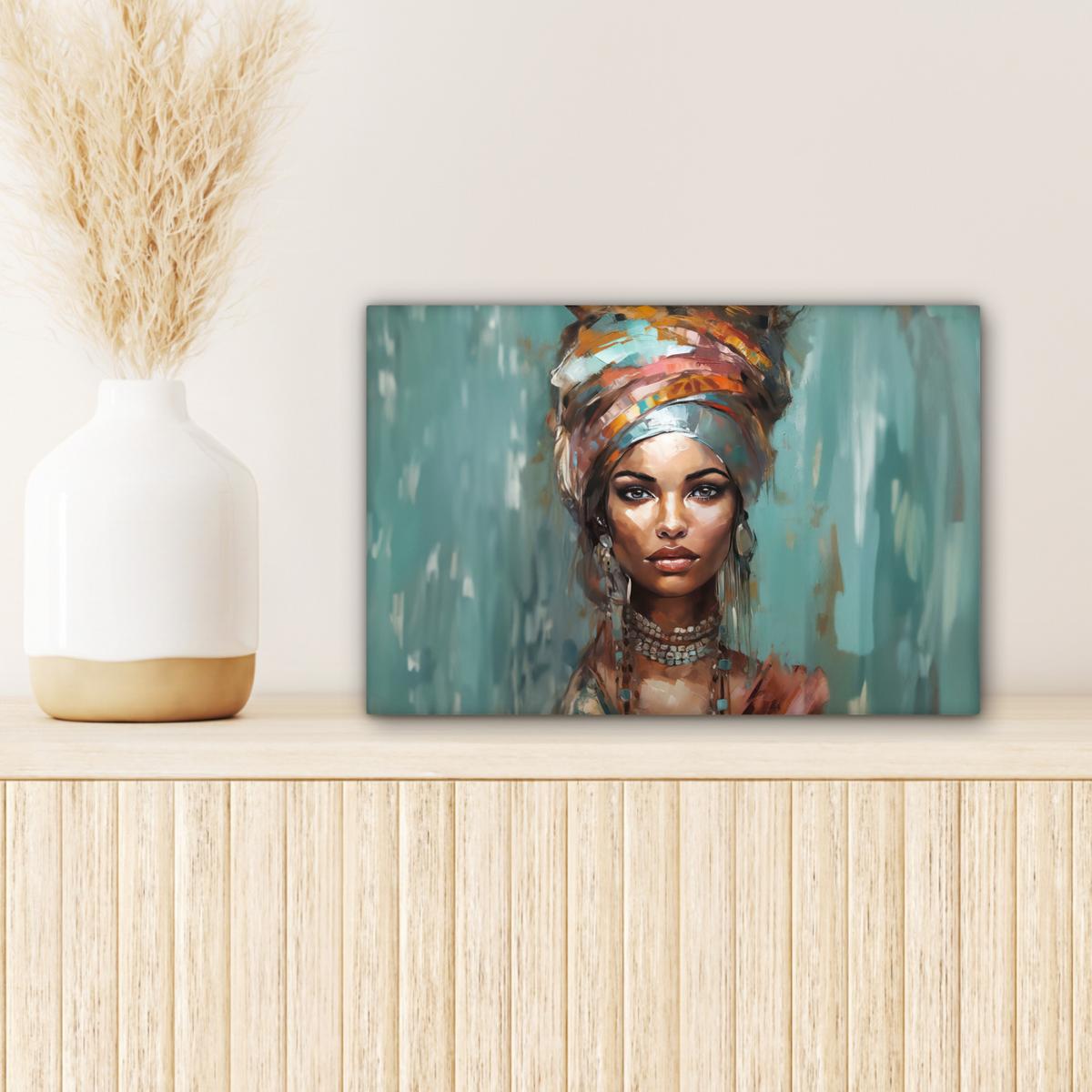 LEINWANDBILD Frau - Kunst - Schmuck - Porträt Deko Schlafzimmer 30x20 cm - Blaugrau, Textil (30/20cm) - MuchoWow