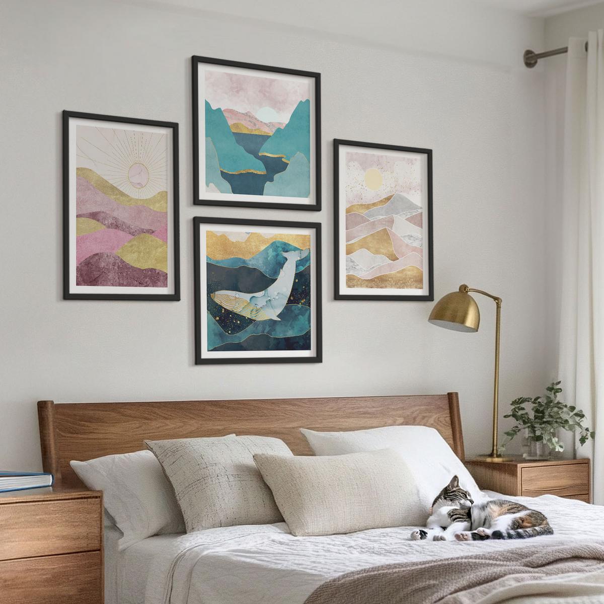 BILDER SET 4er Set - 50x50 cm & 40x60 cm Schwarzer Rahmen - Abstrakte Berge Sonne - Schwarz, Kunststoff (50/50cm) - TULUP
