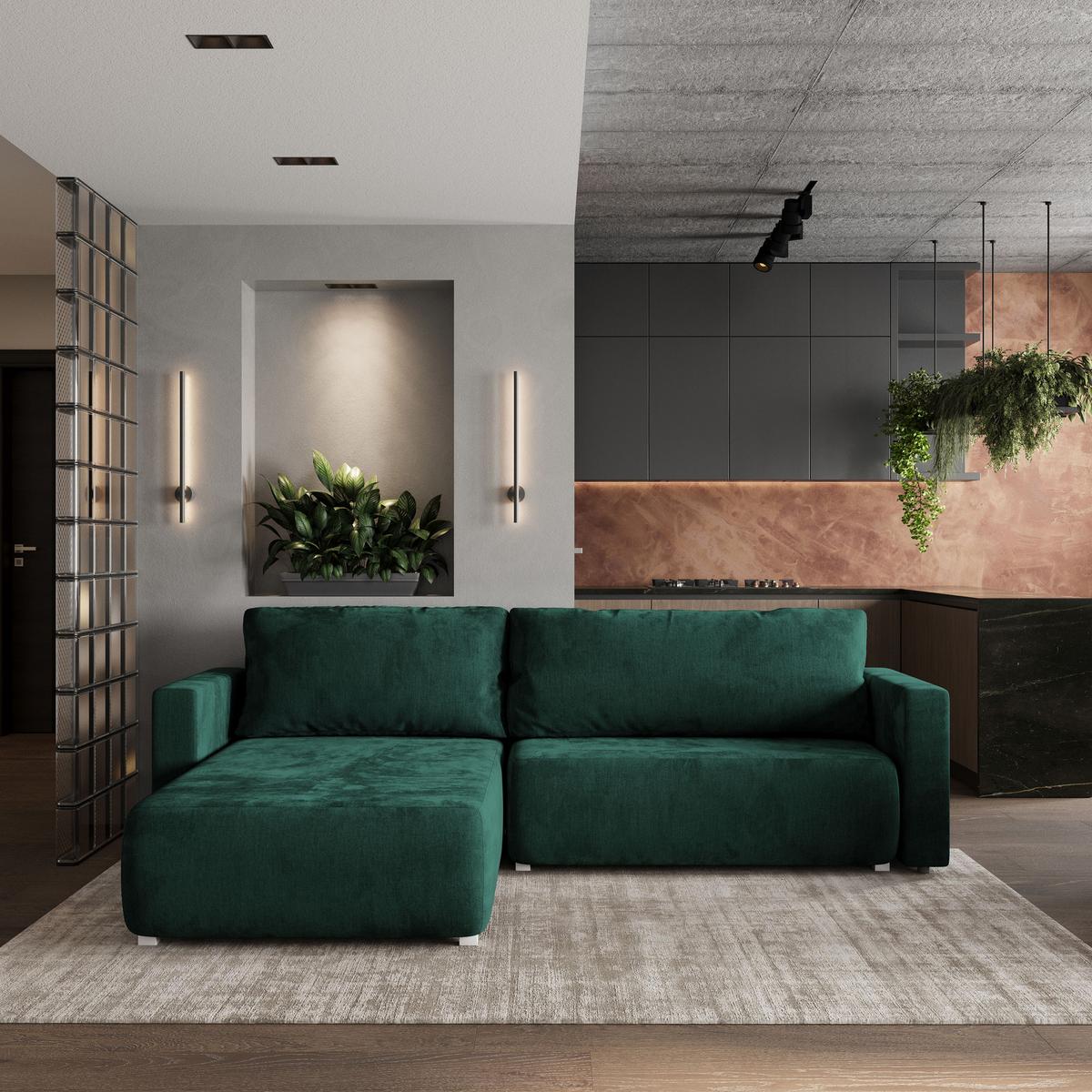 ECKSOFA TURIN M Grün Velours-Stoff mit Schlaffunktion - Grau/Grün, Holz/Kunststoff (265/183cm) - MASSENO