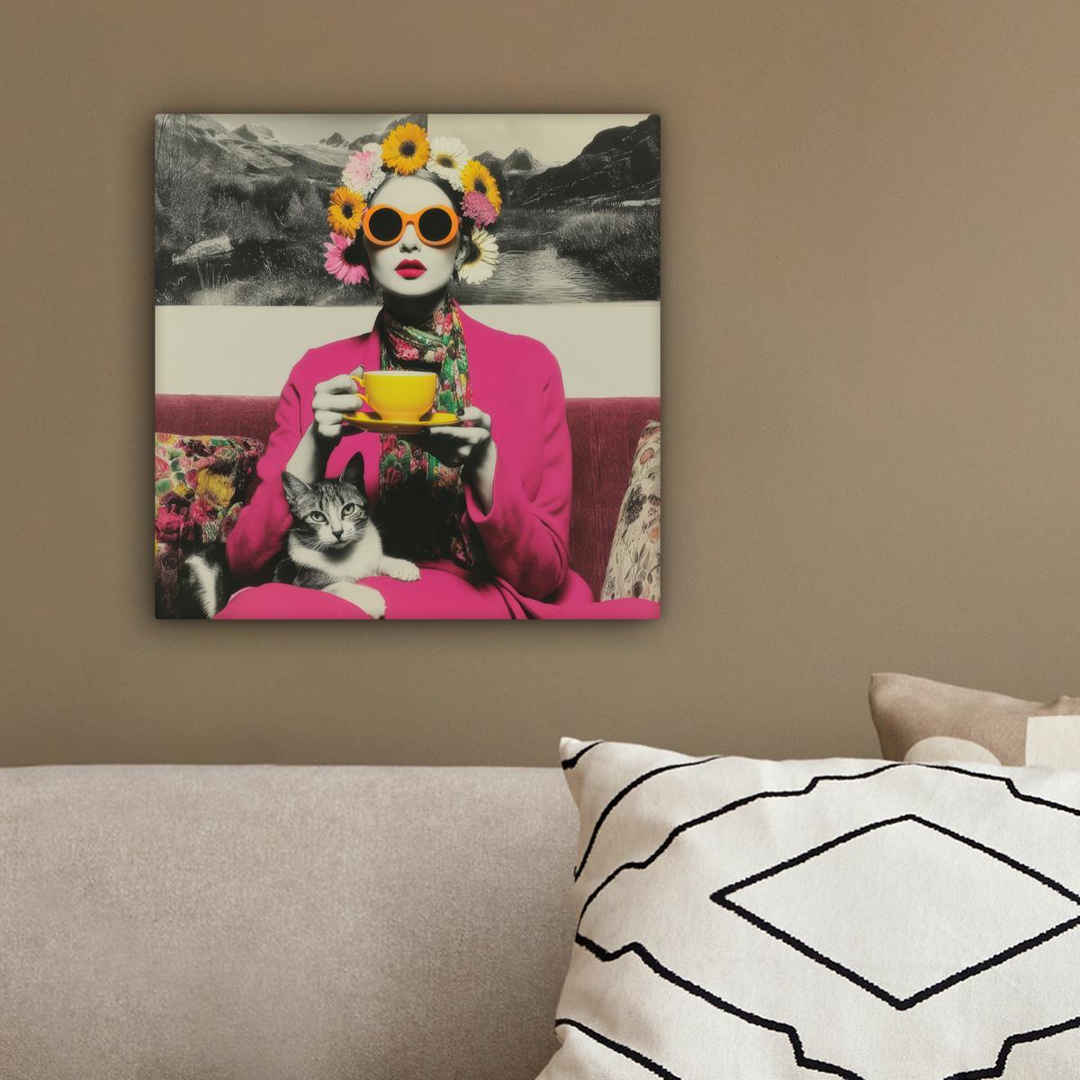 LEINWANDBILD Frau - Katze - Blumen - Tasse - Retro Deko Wohnzimmer 20x20 cm - Magenta, Textil (20/20cm) - MuchoWow