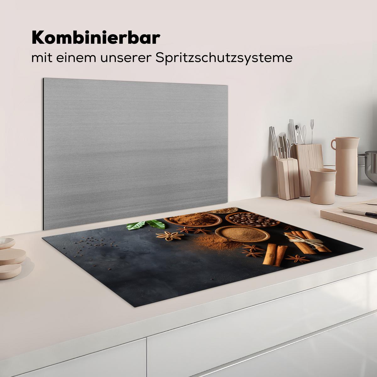 HERDABDECKPLATTE Zimt - Beton - Kaffee - Zimtstangen - Gewürze Abdeckung Ceranfeld 81.2x52 cm - Mokka, Kunststoff (81.2/52/0.2cm) - MuchoWow