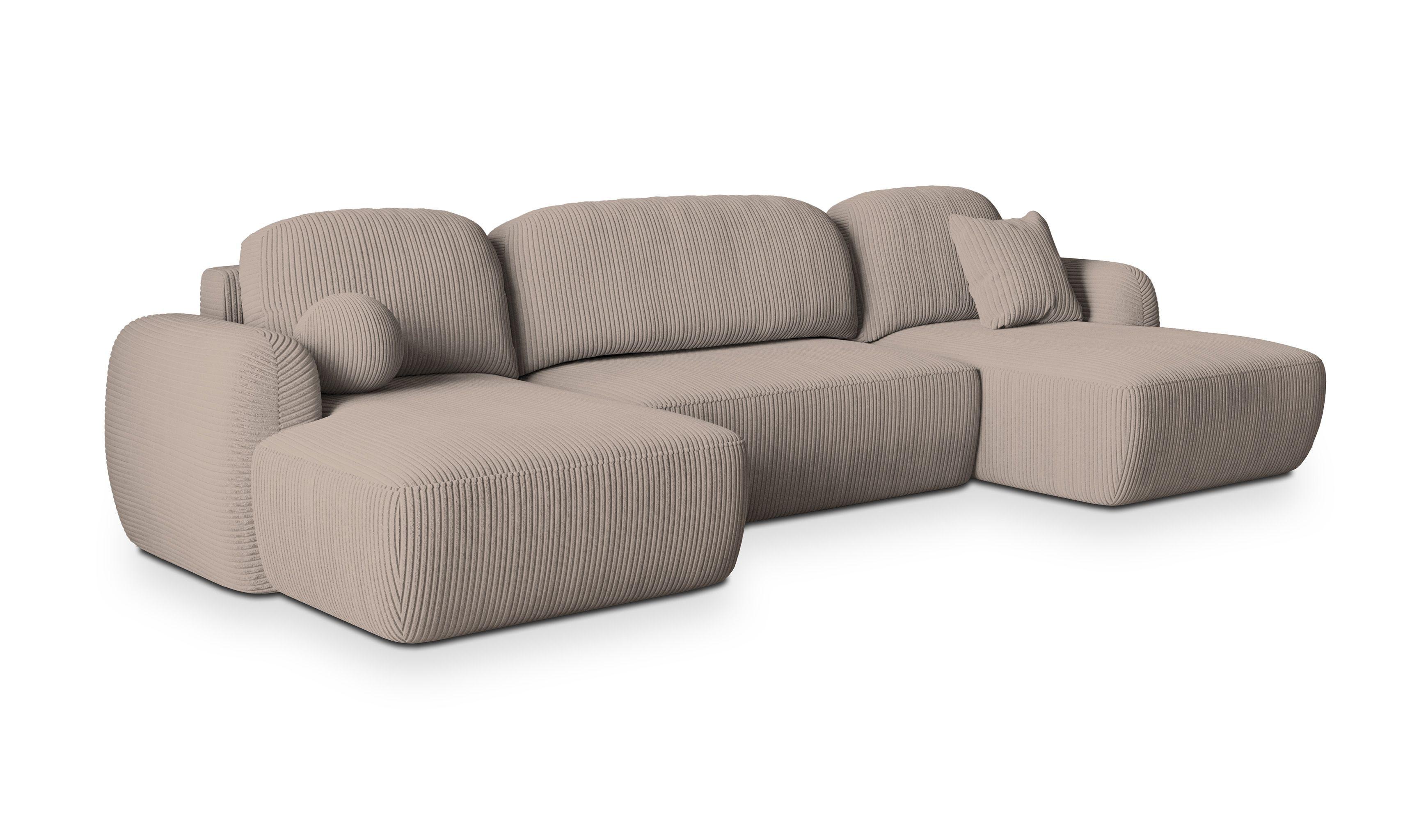 WOHNLANDSCHAFT SAVONA P Beige Kordstoff mit Schlaffunktion - Beige/Schwarz, Holz/Kunststoff (320/90/148cm) - MASSENO