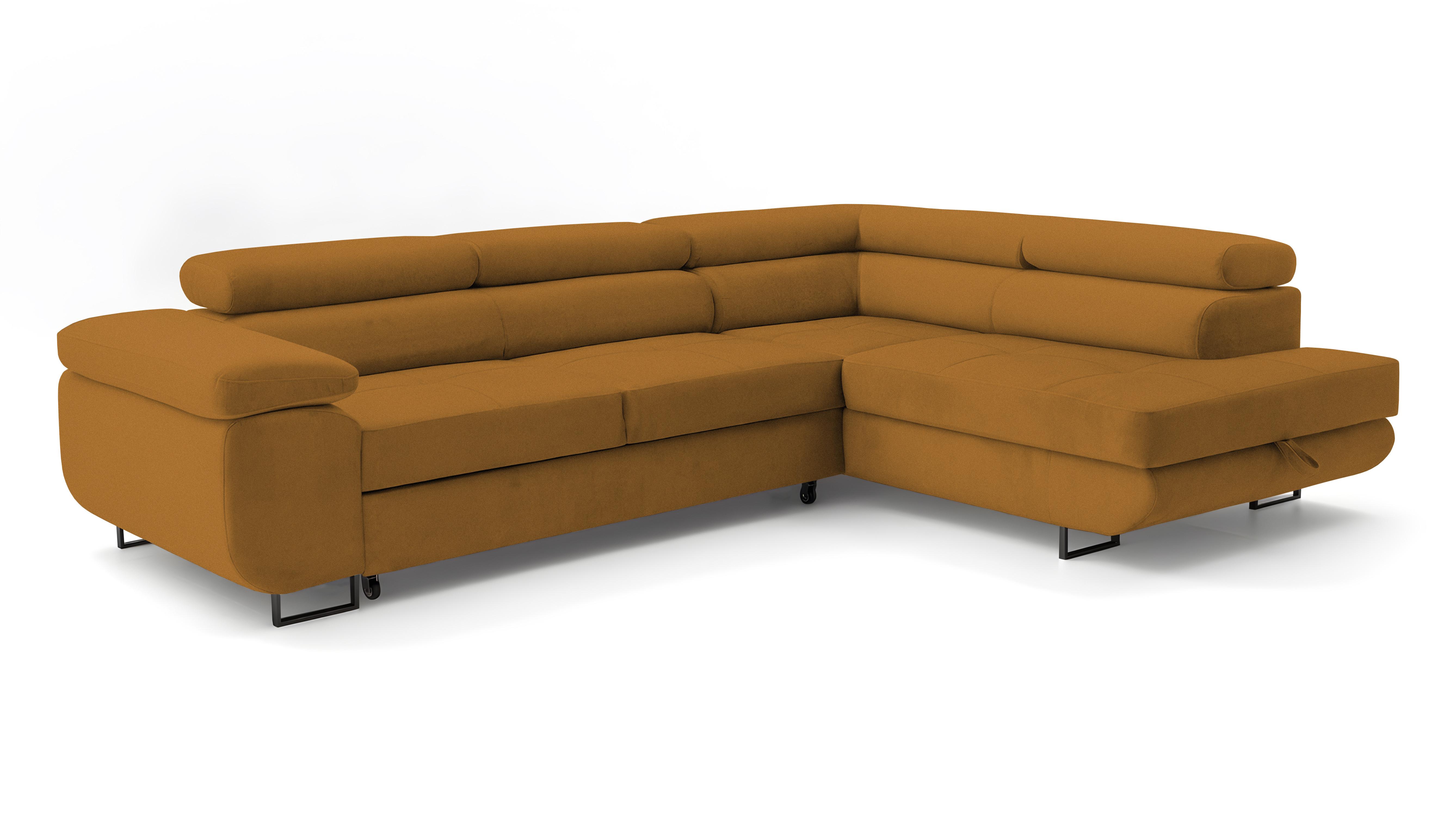 ECKSOFA Velmo mit Bettkasten und Schlaffunktion, verstellbaren Kopfstützen, in L-Form - Goldfarben, Textil (275/203cm)