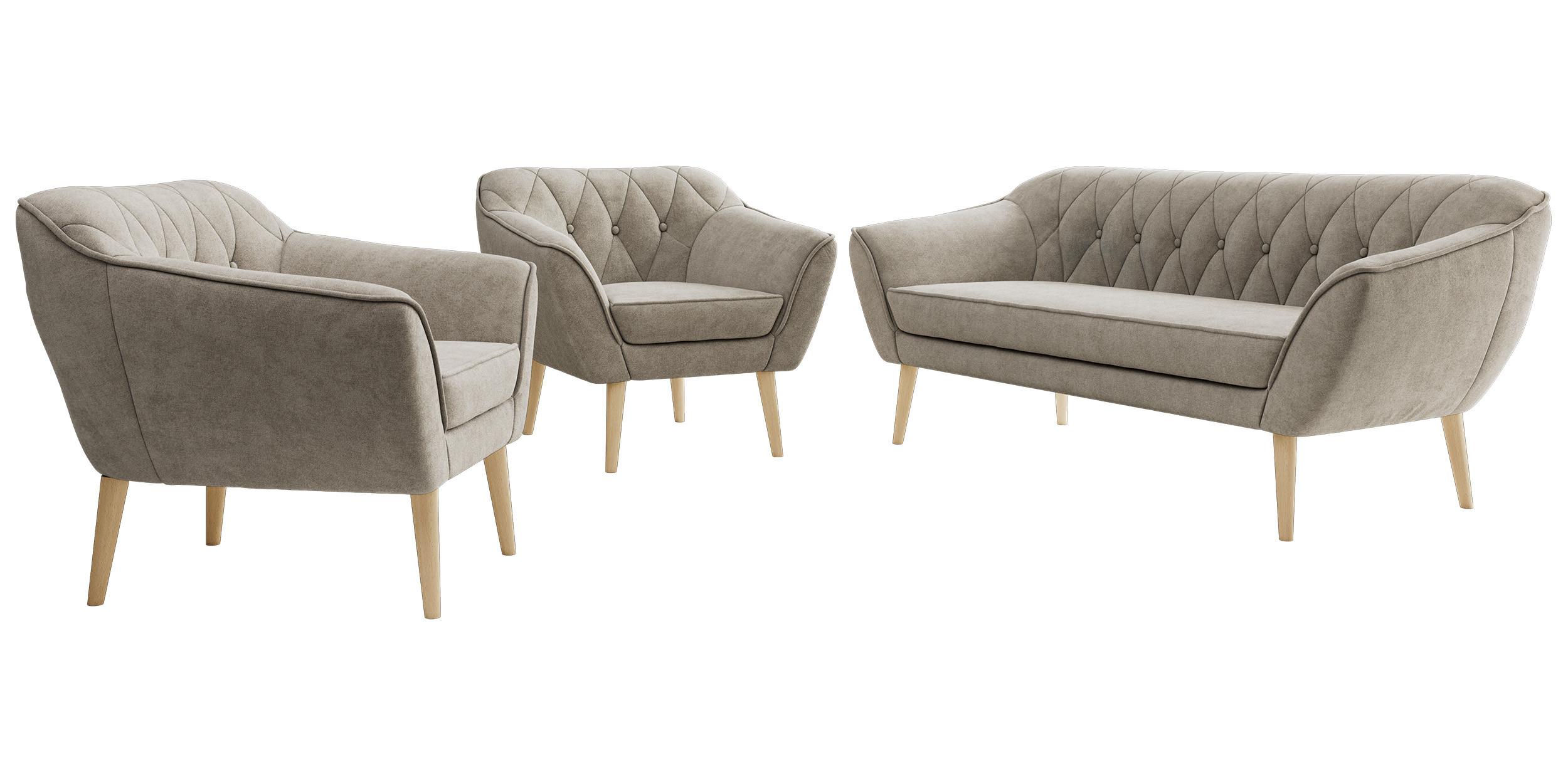 SITZGARNITUR PIRS 3+1+1 - Greige Strukture - Holzbeine - Greige/Buchefarben, Holzwerkstoff/Textil (180/75/74cm) - MKS