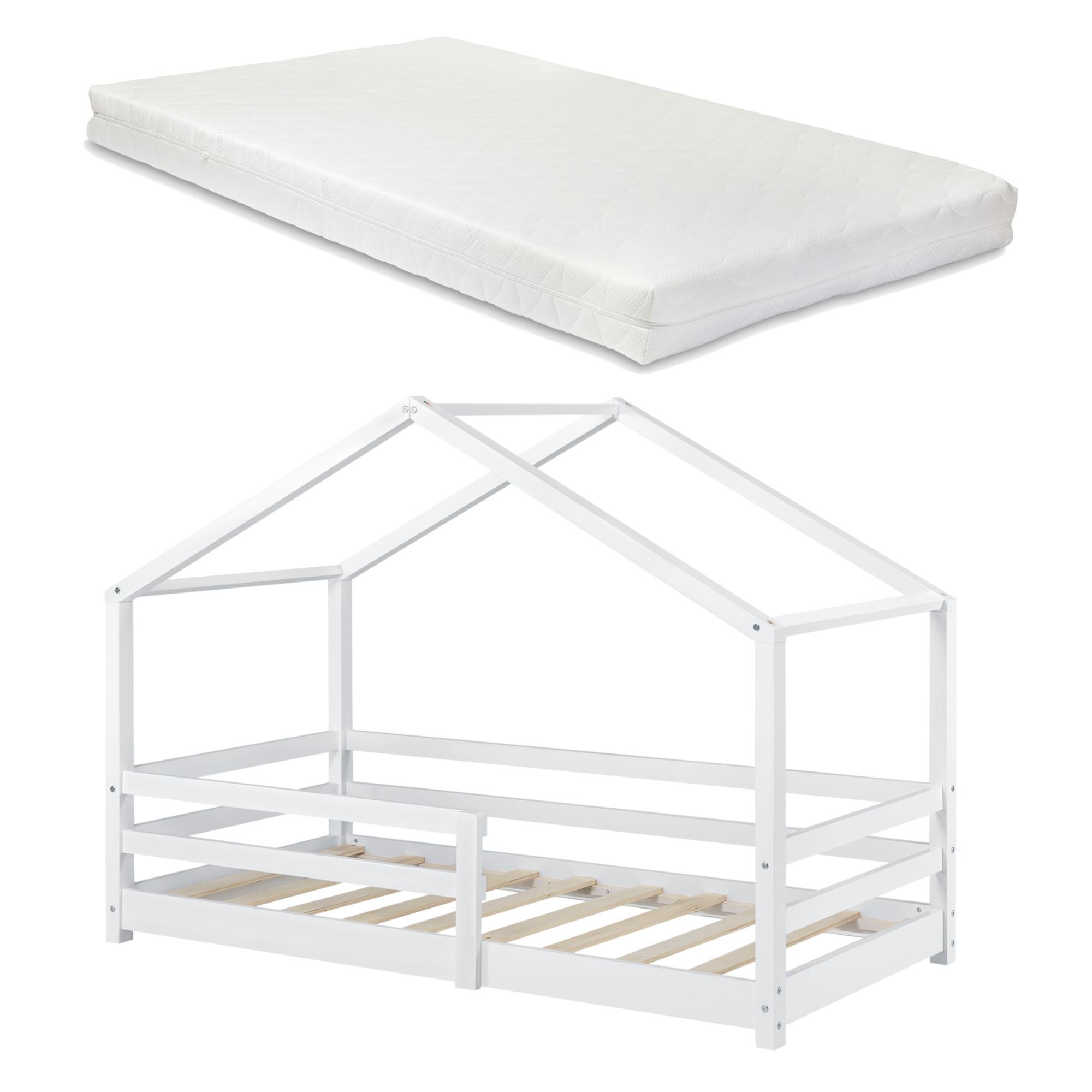 HAUSBETT Knätten mit Matratze - Weiß, Holz/Textil (90/200cm) - [en.casa]