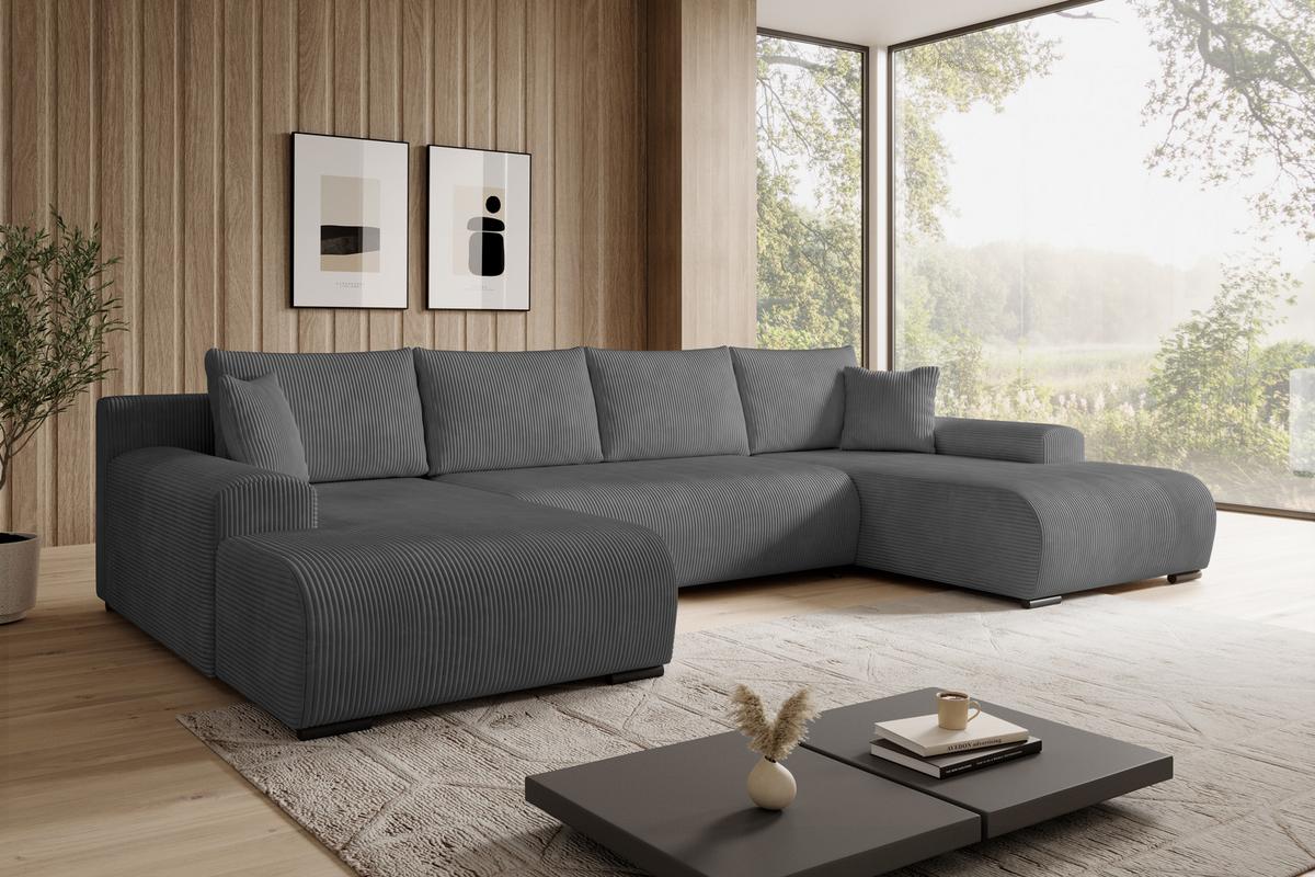 WOHNLANDSCHAFT Nelly U mit Bettkasten und Schlaffunktion, Cordstoff in U-Form - Dunkelgrau, Textil (349/80/185cm)