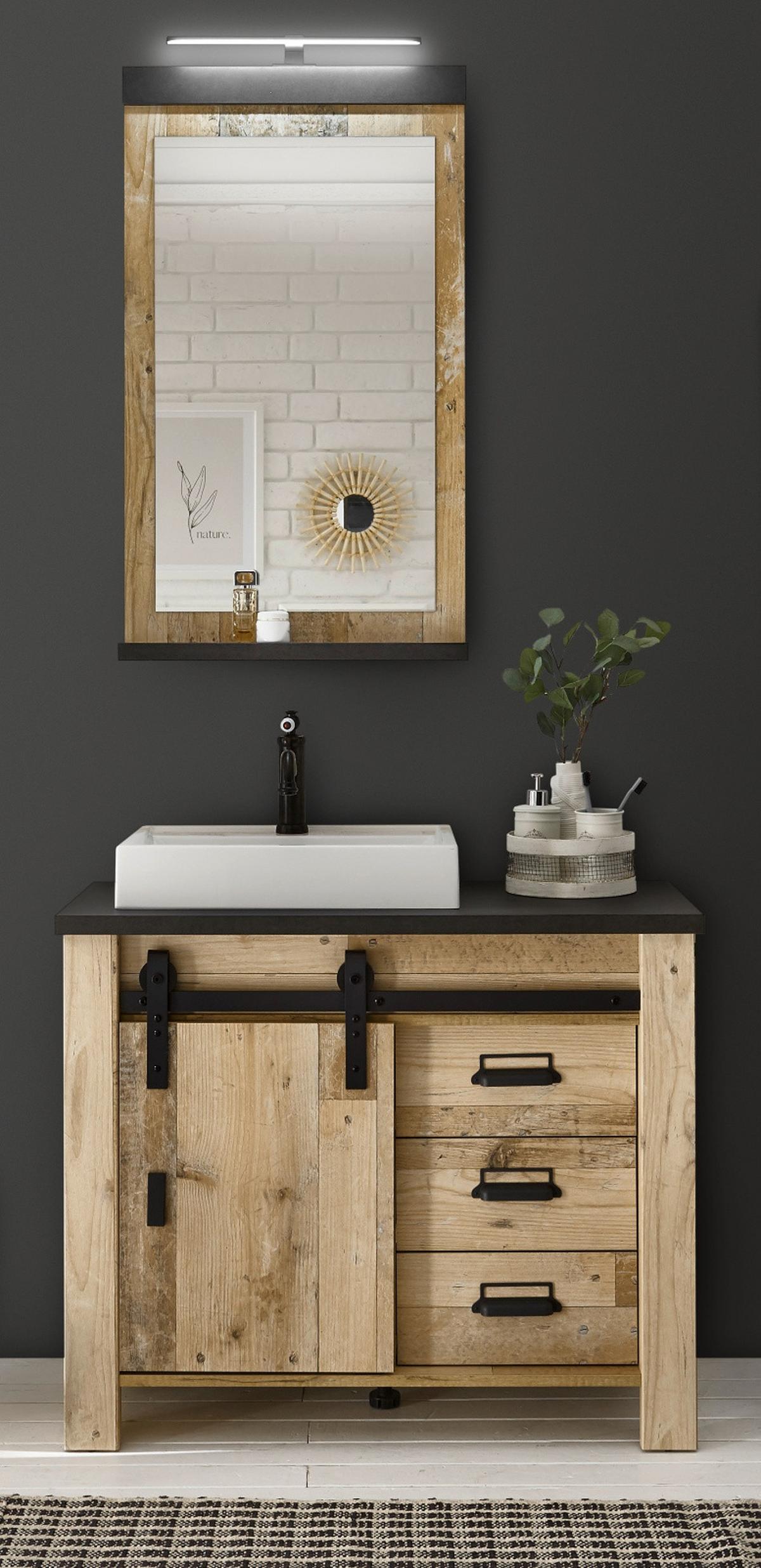 BADMÖBEL-SET 4-teilig, Used Wood hell, anthrazit, Badkombination mit Waschbecken LED Spiegellampe - Eichefarben/Anthrazit, Holzwerkstoff/Metall (95/210/43cm) - Furn.Design
