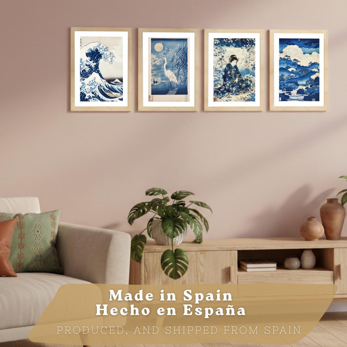 POSTER 4er Bilder-Set Wandbilder Japanisch modern Wohnzimmer Deko, Schlafzimmer, Küche, Badezimmer Leichter Holzrahmen A3 - Beige, Papier (29.7/1/42cm) - Nacnic