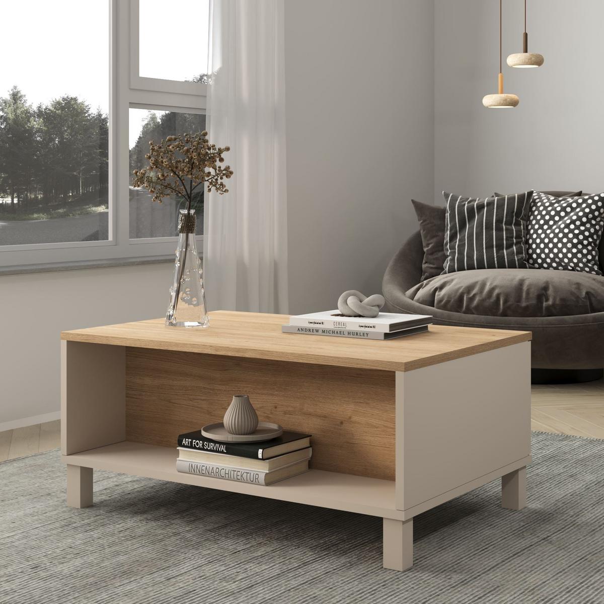 COUCHTISCH 2 Schubladen, 1 offenem Fach, Dekor Kaschmir und Eiche, 60/40/90 cm - Beige, Holzwerkstoff (11/60/40cm) - Calicosy