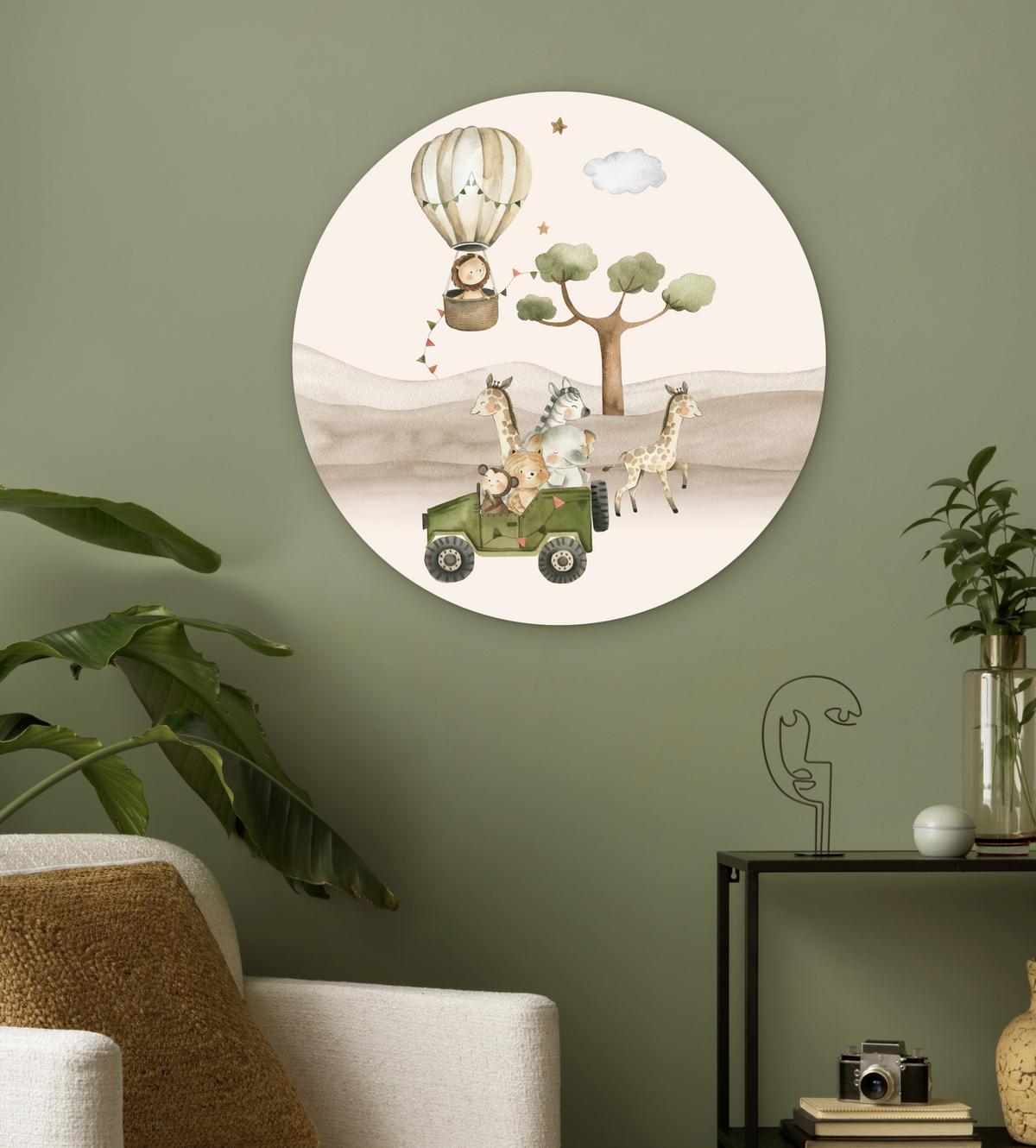 WANDBILD Wilde Tiere - Safari - Aquarell - Heißluftballon Wanddeko Schlafzimmer 60x60 cm - Beige, Kunststoff (60/60cm) - MuchoWow