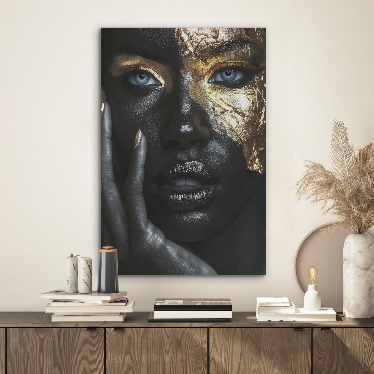 AKUSTIKBILD Frau - Gold - Porträt - Schwarz-Weiß - Luxus Kunstdruck Schlafzimmer 50x70 cm - Hellblau, Kunststoff (50/70/0.9cm) - MuchoWow