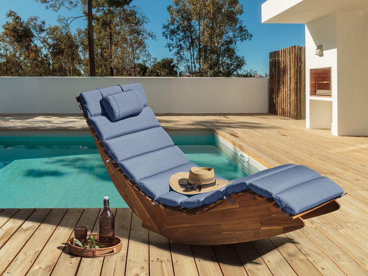 SONNENLIEGE mit Kissen Blau Brescia Premium - Braun, Holz (60/90/176cm)