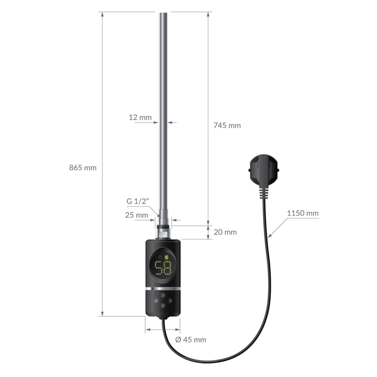 BADHEIZKÖRPER elektrisch Sahara 500x1500 mm Schwarz gebogen mit Heizstab 1200W Digital - Schwarz, Metall (50/150/3cm) - LuxeBath
