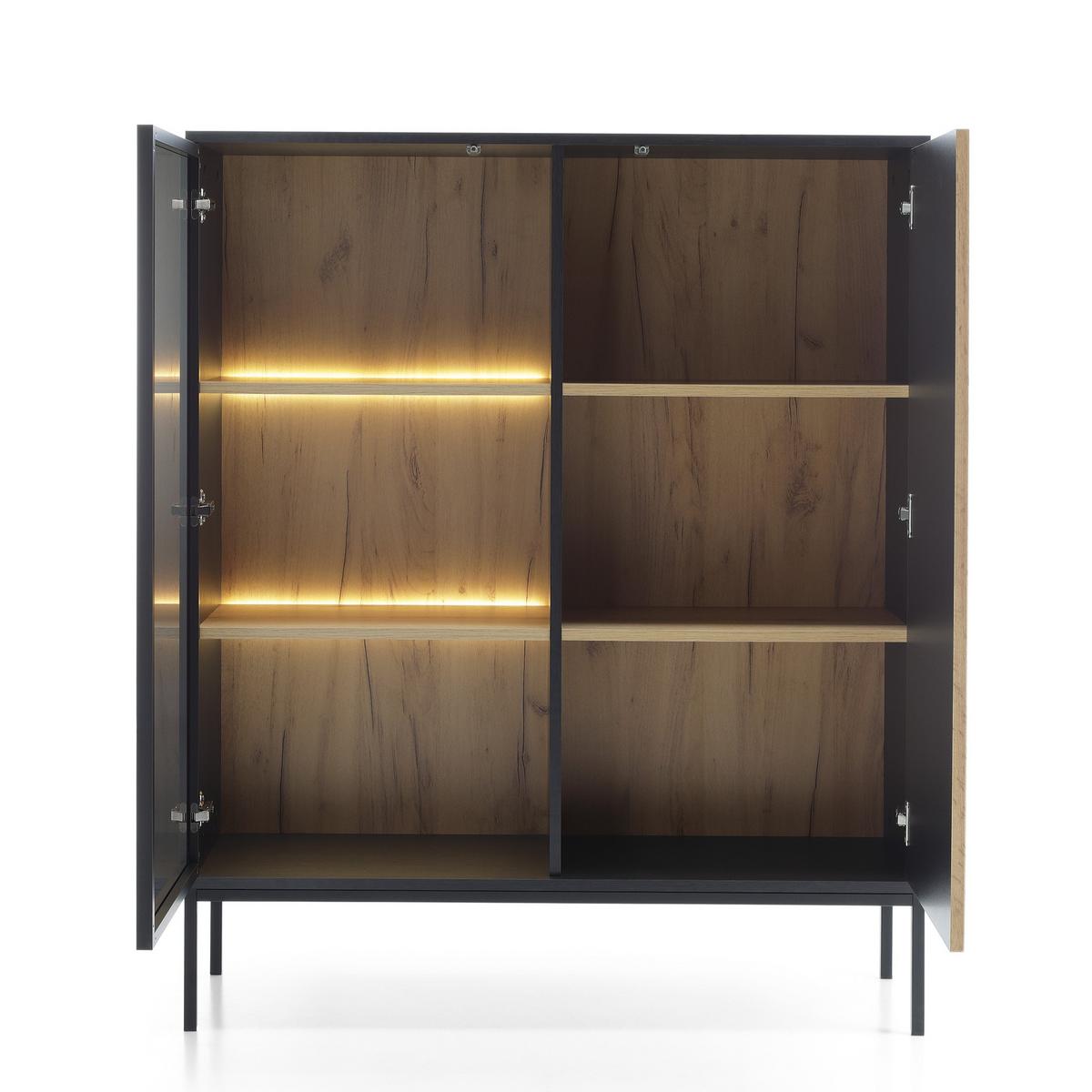 VITRINE SENTIERO 104 / 126 cm mit LED in Schwarz, Eiche Wotan - Schwarz, Holzwerkstoff (104/126/39cm) - MASSENO