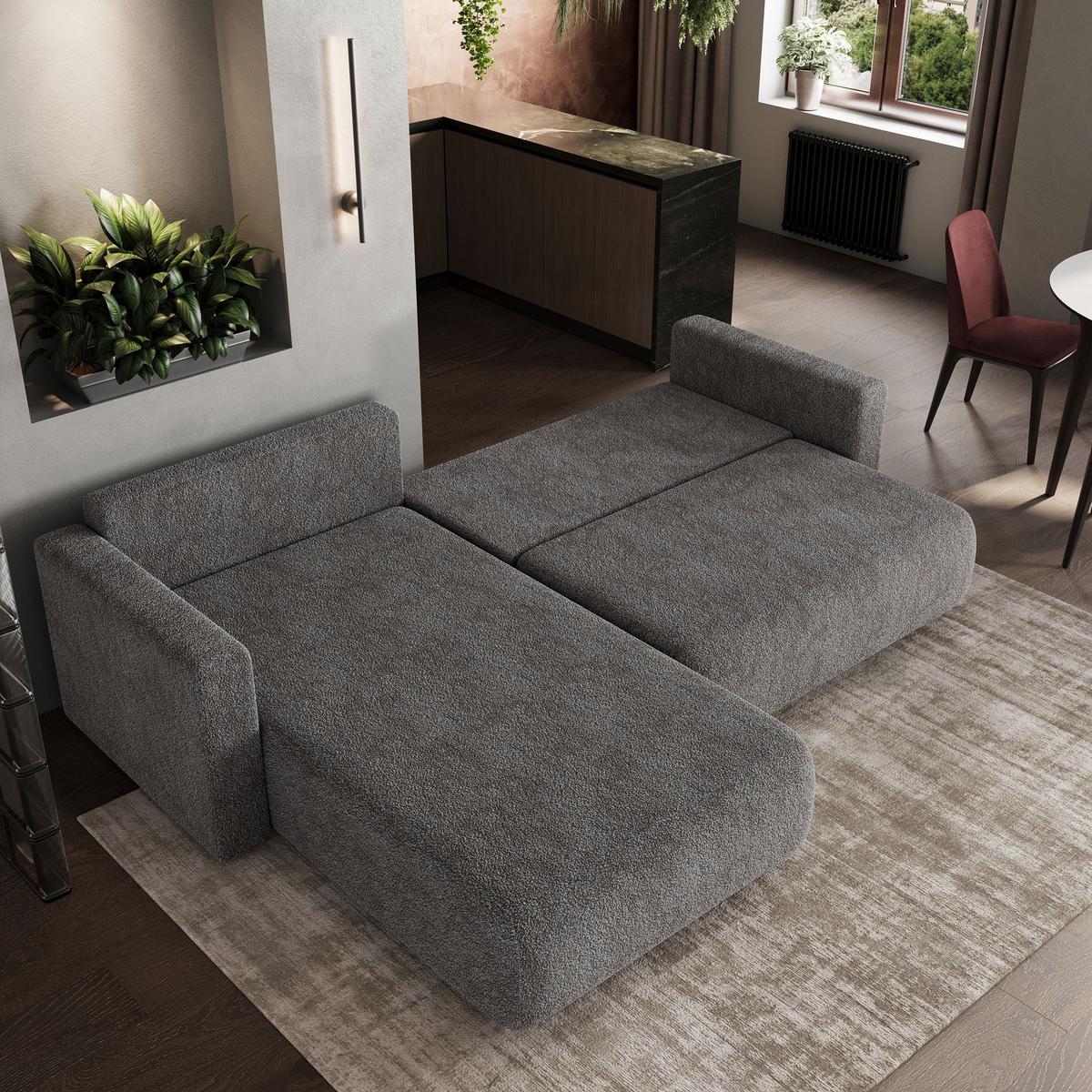 ECKSOFA TURIN N Grau Bucle-Stoff mit Schlaffunktion - Grau, Holz/Kunststoff (265/183cm) - MASSENO