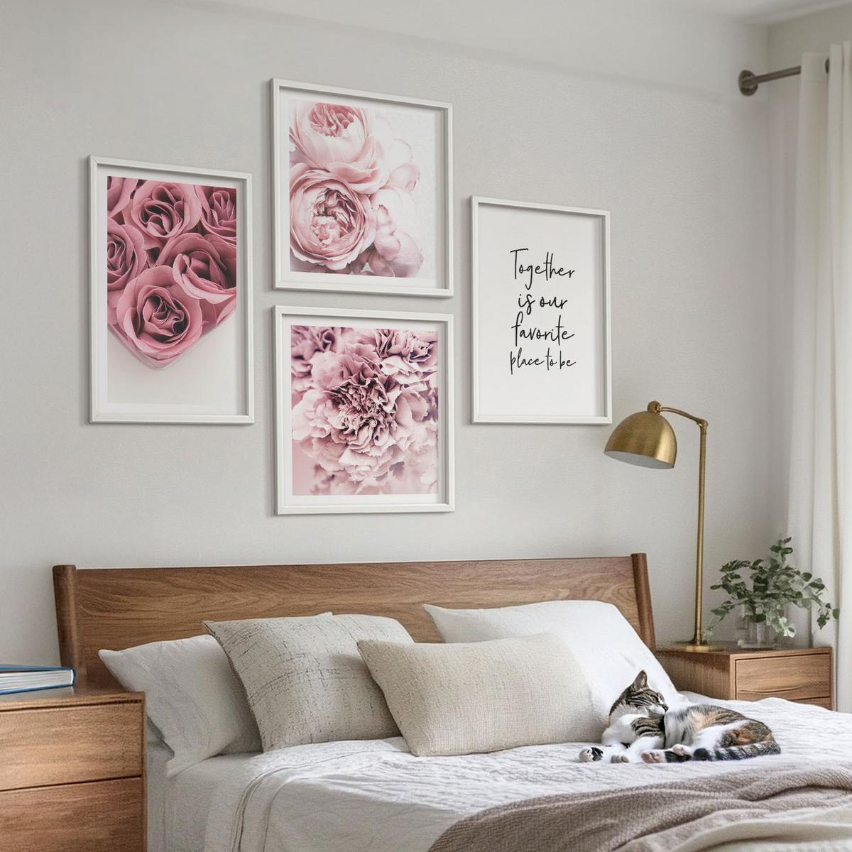 BILDER SET 4er Set - 50x50 cm & 40x60 cm Weißer Rahmen - Blumensträuße mit Rosen, Hausinschrift - Weiß, Kunststoff (50/50cm) - TULUP