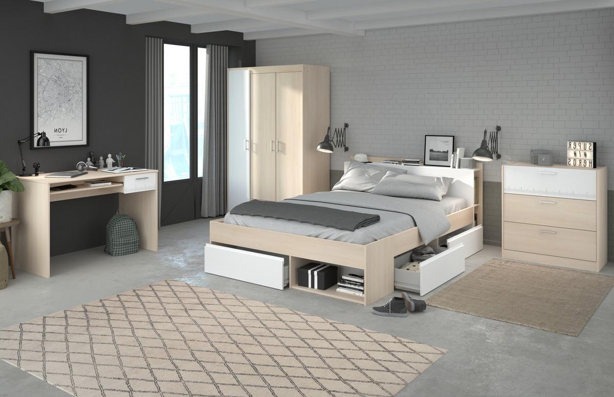 JUGENDZIMMER Set Kleiderschrank Kommode Schreibtisch Bett 140 cm - Silberfarben/Weiß, Holz/Holzwerkstoff (140/179/200cm) - Parisot Meuble