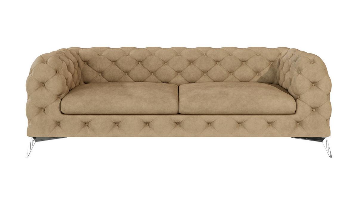 CHESTERFIELD-SOFA 3-Sitzer Laura Beige Samt - Beige/Silberfarben, Holz/Textil (225/75/100cm) - S-Style Möbel