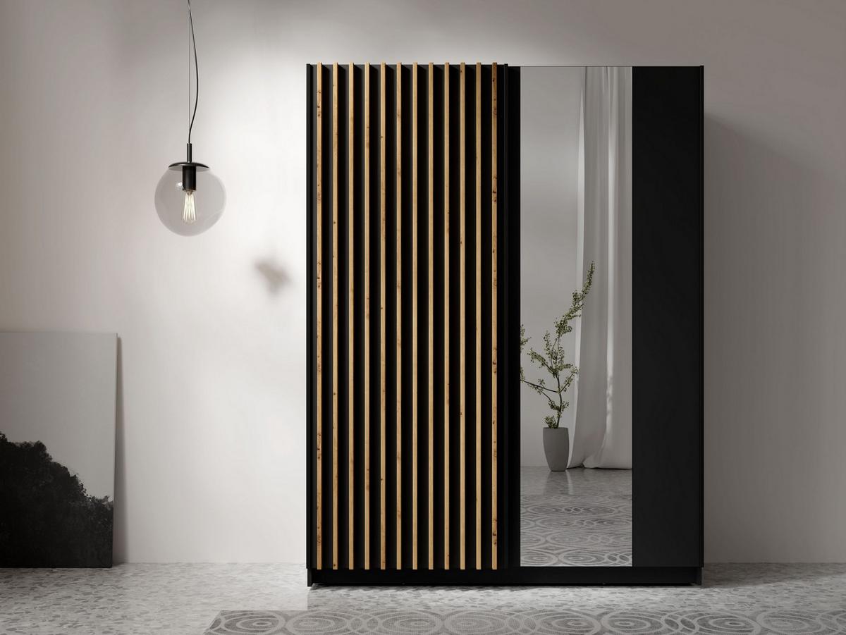 SCHWEBETÜRENSCHRANK MAREN 150,6/198,5/55cm 2-türig mit Spiegel Schwarz - Schwarz/Eiche Artisan, Holzwerkstoff (150.6/198.5/55cm) - MASSENO