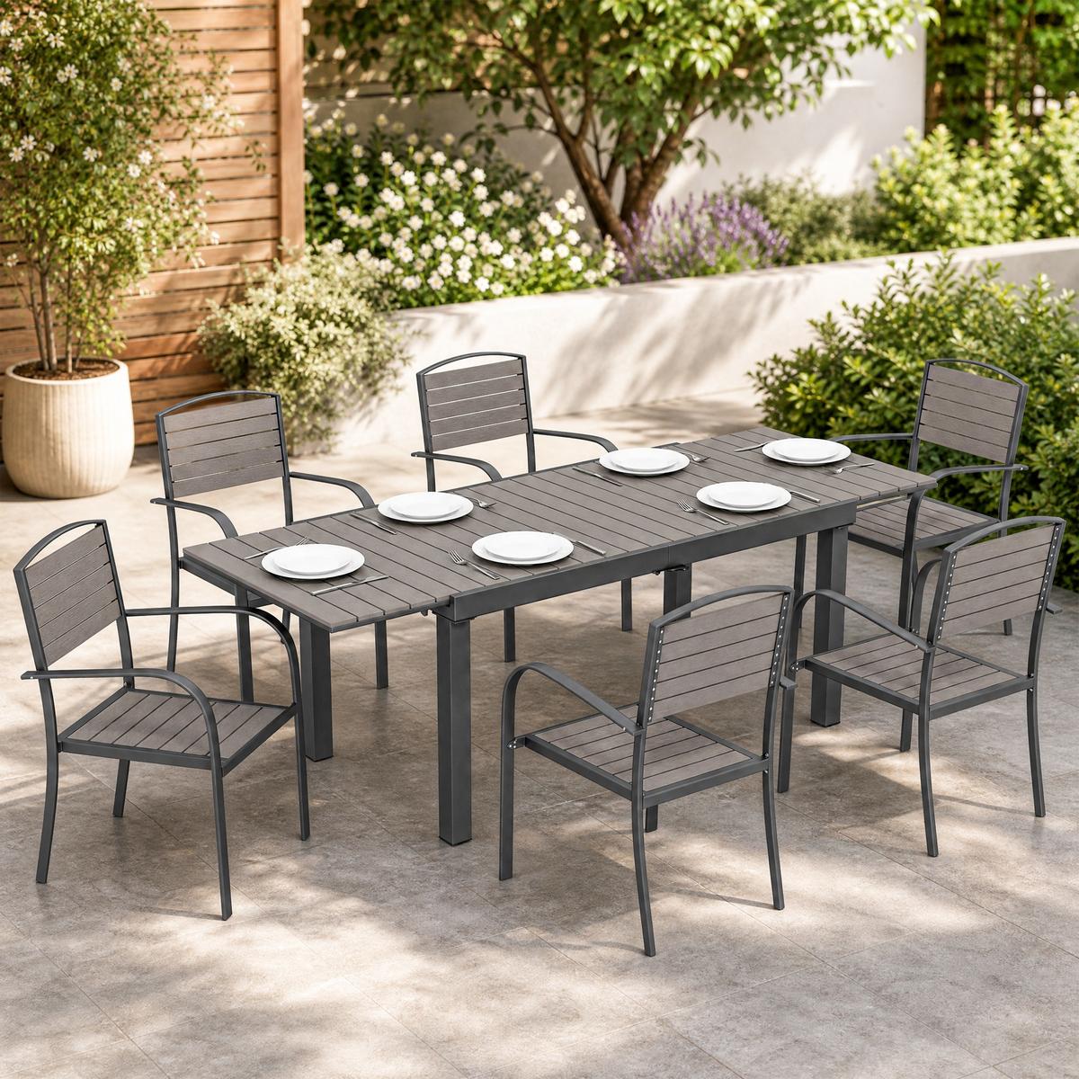 OUTDOOR-ESSGRUPPE 7er Set Aluminium WPC Grau - Grau, Kunststoff/Metall - Outsunny