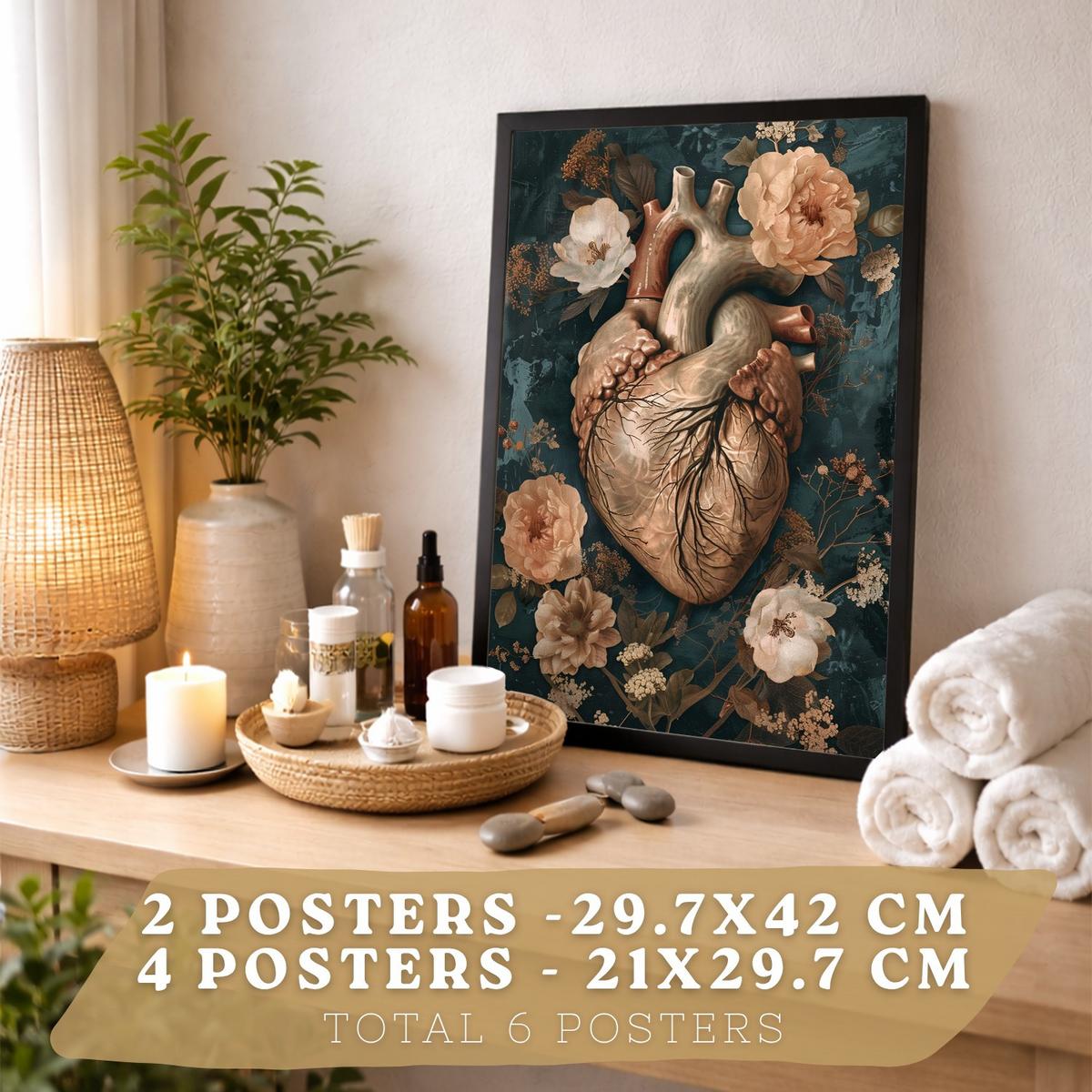 POSTER Kollektion aus 6 Anatomie Drucke und mit Herz Schädel Lungen Nieren und Gehirn Pergament Hintergrund dekoration Größe Schwarzer Rahmen A3 & A4 - Schwarz, Papier (21/29.7/3cm) - Nacnic